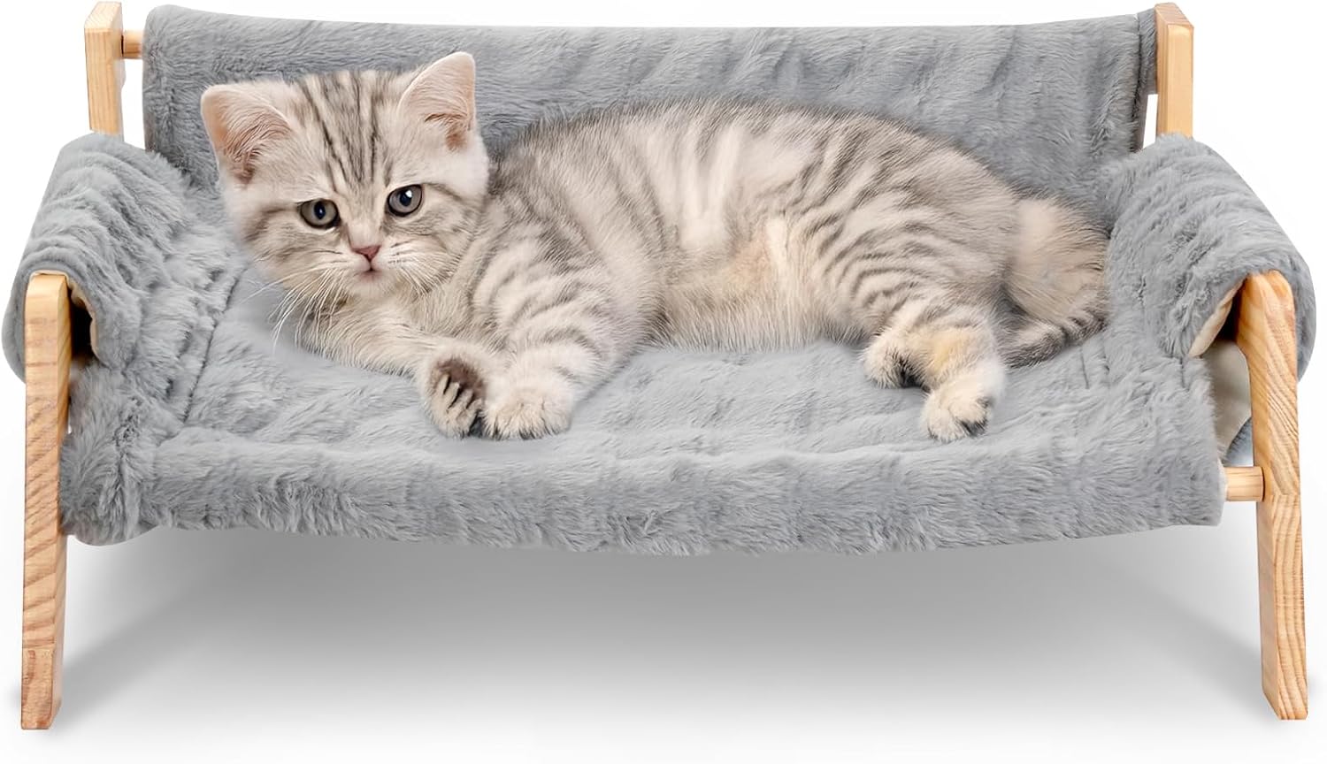 Elevated Cat Couch Bed for Indoor Cats, Large Cat Sofa Bed with Removable Fluffy Cover Wooden Raised Dog Bed, Washable Pet Dog Chair for Kitten Puppy Small Animals, 27”x18.6”x11.8”