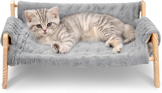 Elevated Cat Couch Bed for Indoor Cats, Wooden Raised Dog Cot | Large Kitty Lounge Sofa with Removable Fluffy Cover, Washable Pet Chair for Kitten Puppy Small Animals, 27x18.6x11.8