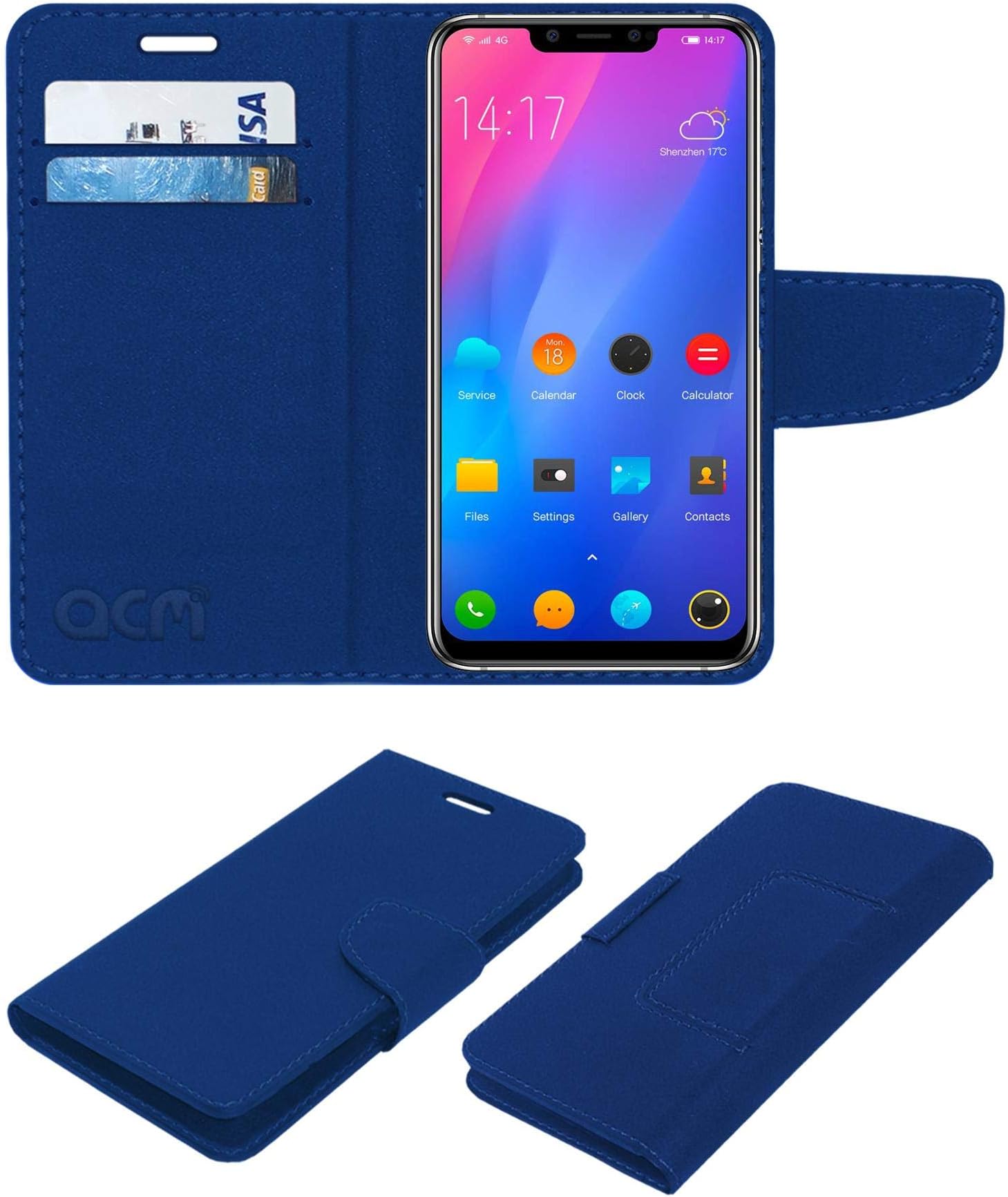 ACM Leather Flip Wallet Front & Back Case Compatible with Elephone A5 Global Version Mobile Cover Blue