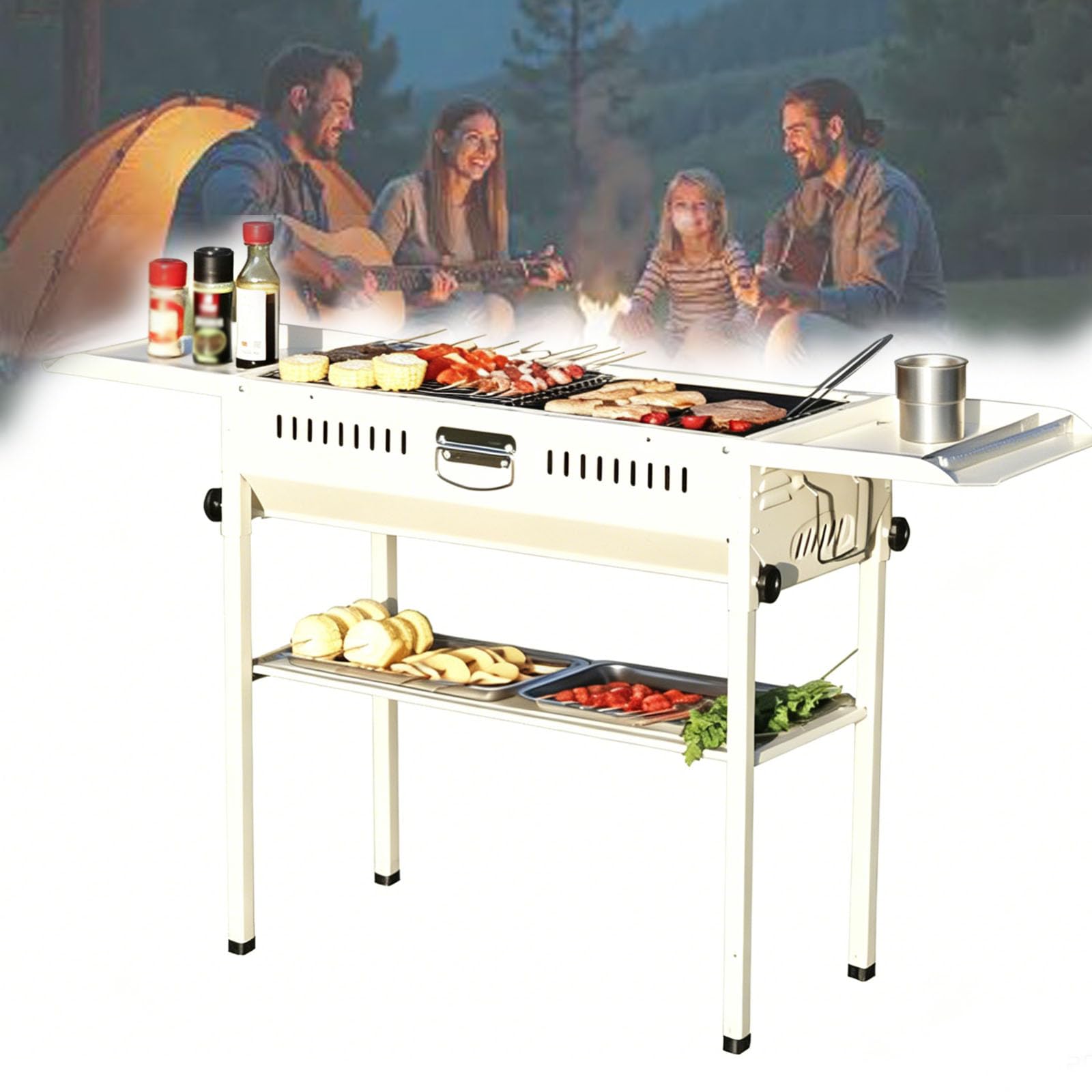 Grill BBQ 2 w 1, składany przenośny grill węglowy z wiatroodporną konstrukcją i tacami do przechowywania na kemping na świeżym powietrzu i do ogrodu