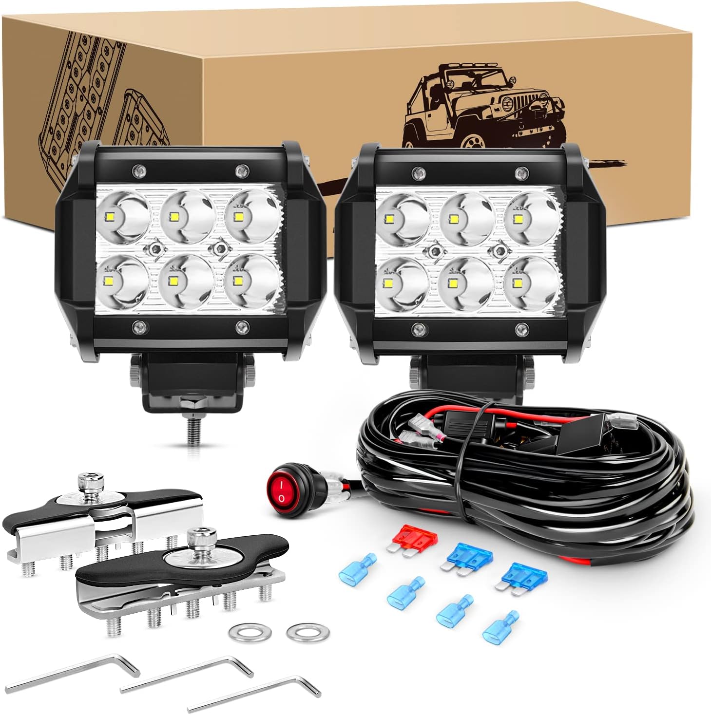 GOOACC 2PCS 18W LED Pods Spot Light Bar Fog Light Universal Adjustable Pillar Hood Led Work Light with 16AWG Off Road Wiring Harness-2 Leads for Truck Golf Cart SUV ATV UTV Boat, White (Auto-611)
