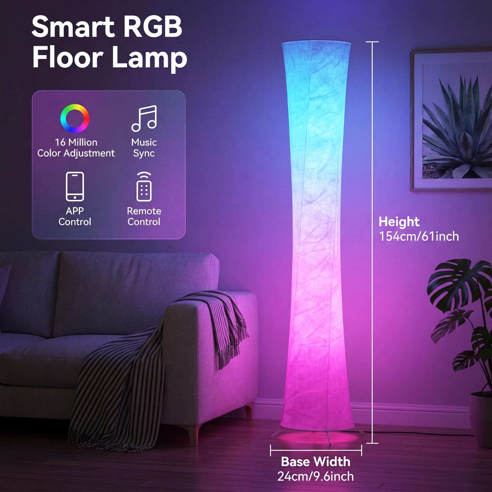 Okrągła lampa podłogowa, narożna lampa podłogowa RGB LED z synchronizacją muzyki, 16 W + kolorami i 3 temperaturami barwowymi, aplikacja i pilot zdalnego sterowania, nowoczesna lampa