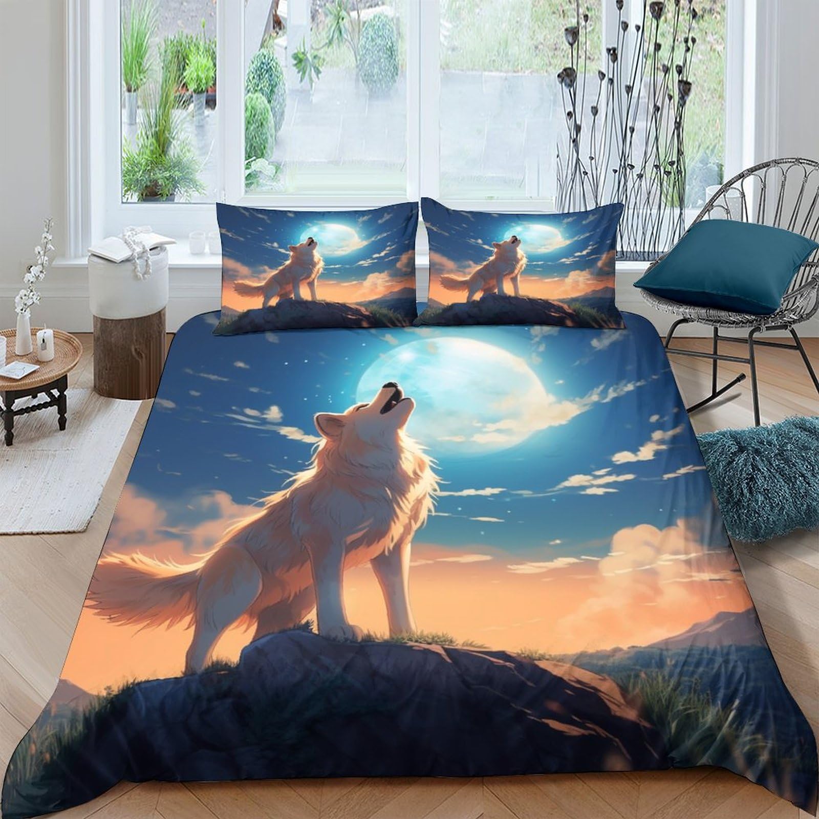 Parure de lit loup microfibre anti-plis pour lit king 220x240cm sans repassage