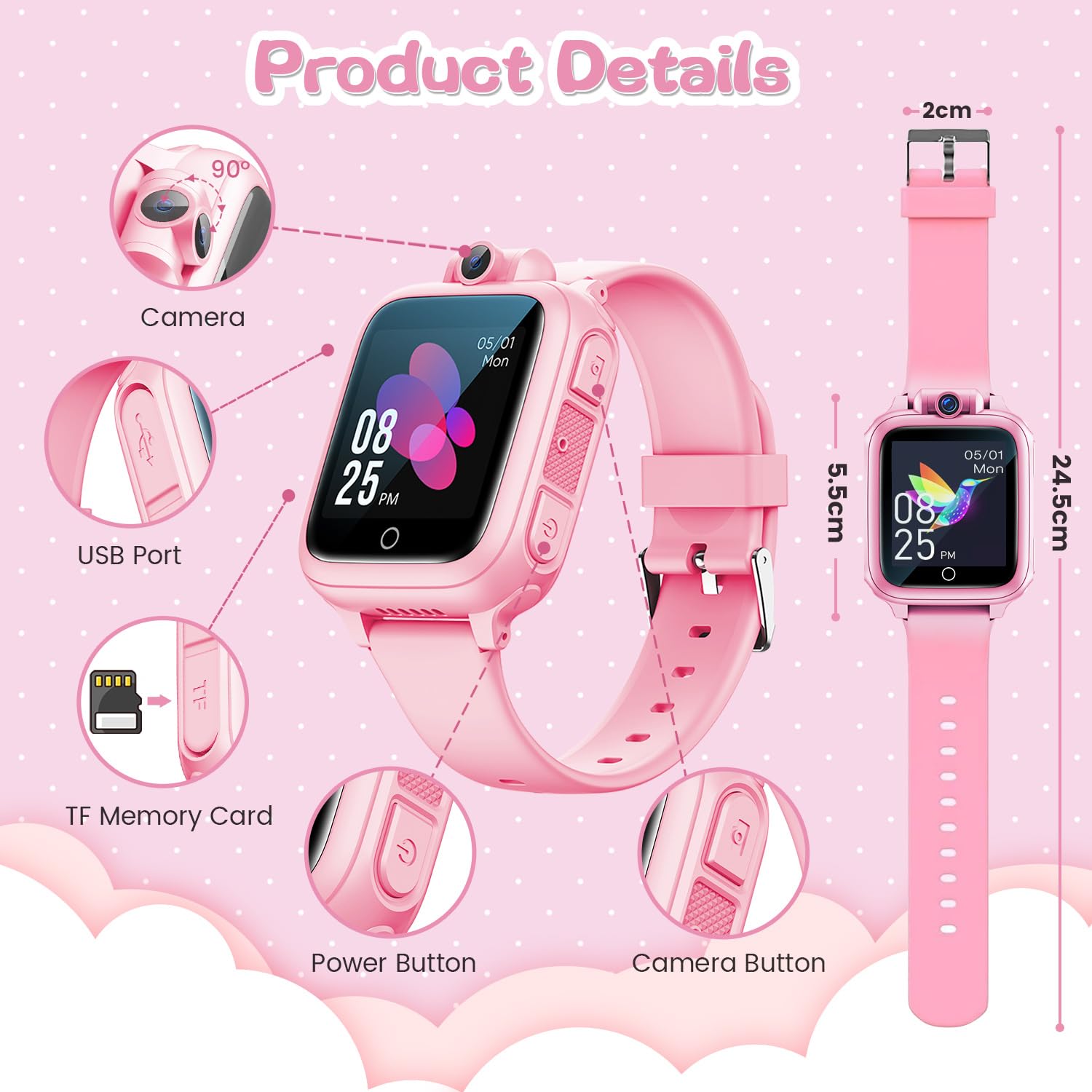 Awatty smartwatch bambini,smartwatch bimbi bimbi bimbi giocattoli bambini 3 4 5 6 7 8 9 10 11 12 anni con scheda micro SD fotocamera 14 giochi musica sveglia - rosa