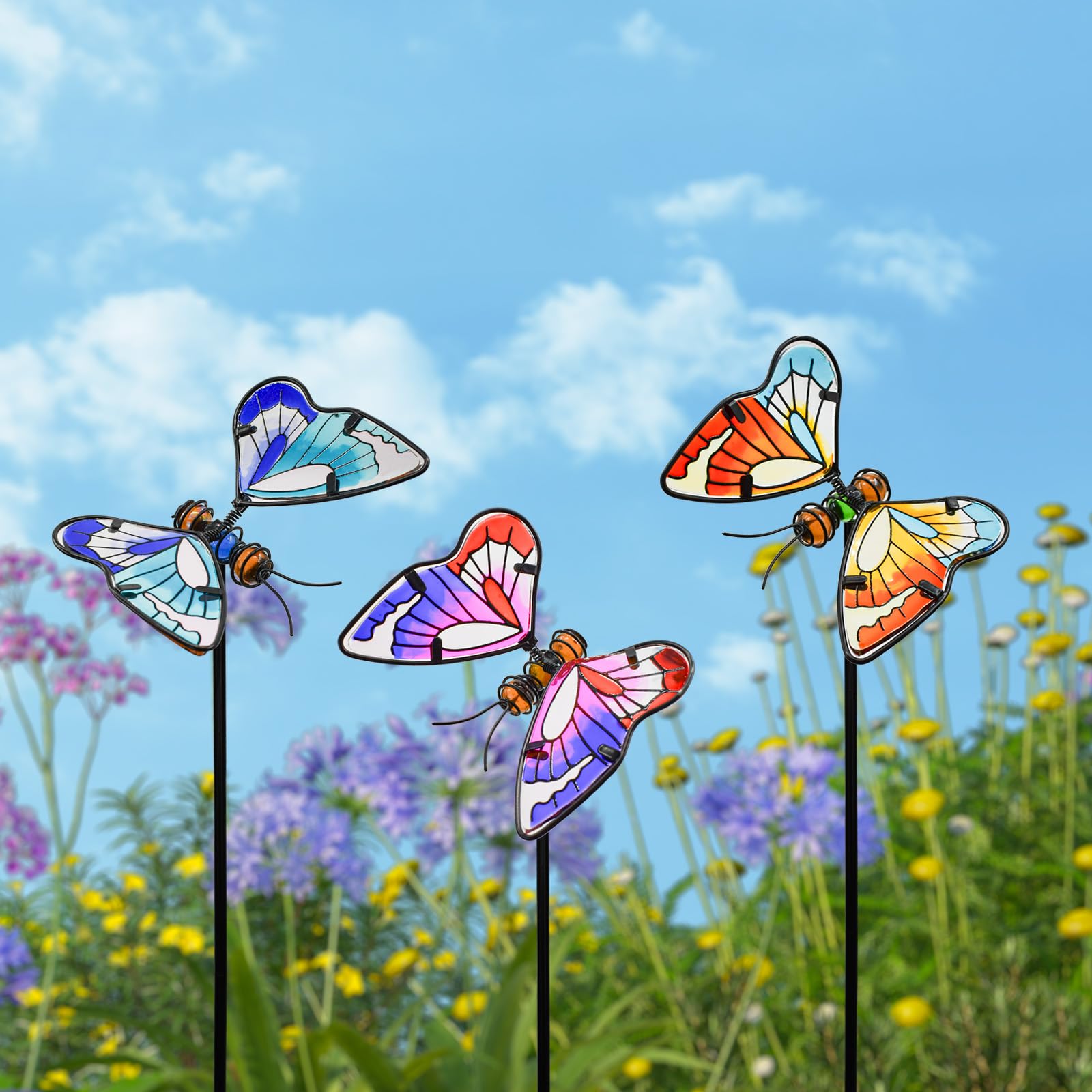 Set mit 3 Schmetterlings-Gartensteckern, 50,8 cm, bunte Schmetterlingspfähle, dekorative Gartenpfähle, leuchten im Dunkeln, Metallkunst, für Außenbereich, Rasen, Weg, Terrasse, Ornamente