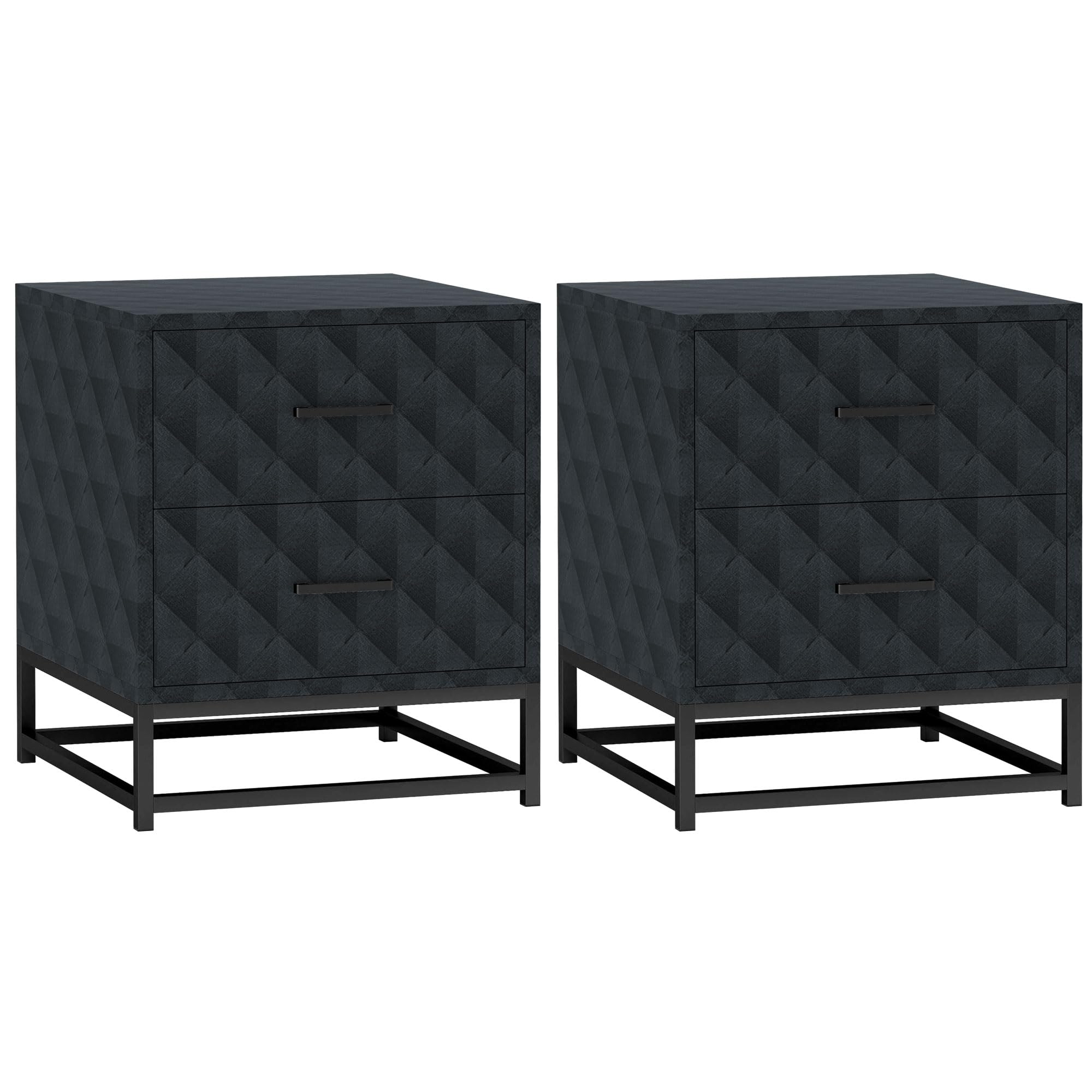HOMCOM Bedside Table Set of 2 - Black - 2 Drawers - Steel Legs - Modern Minimalist