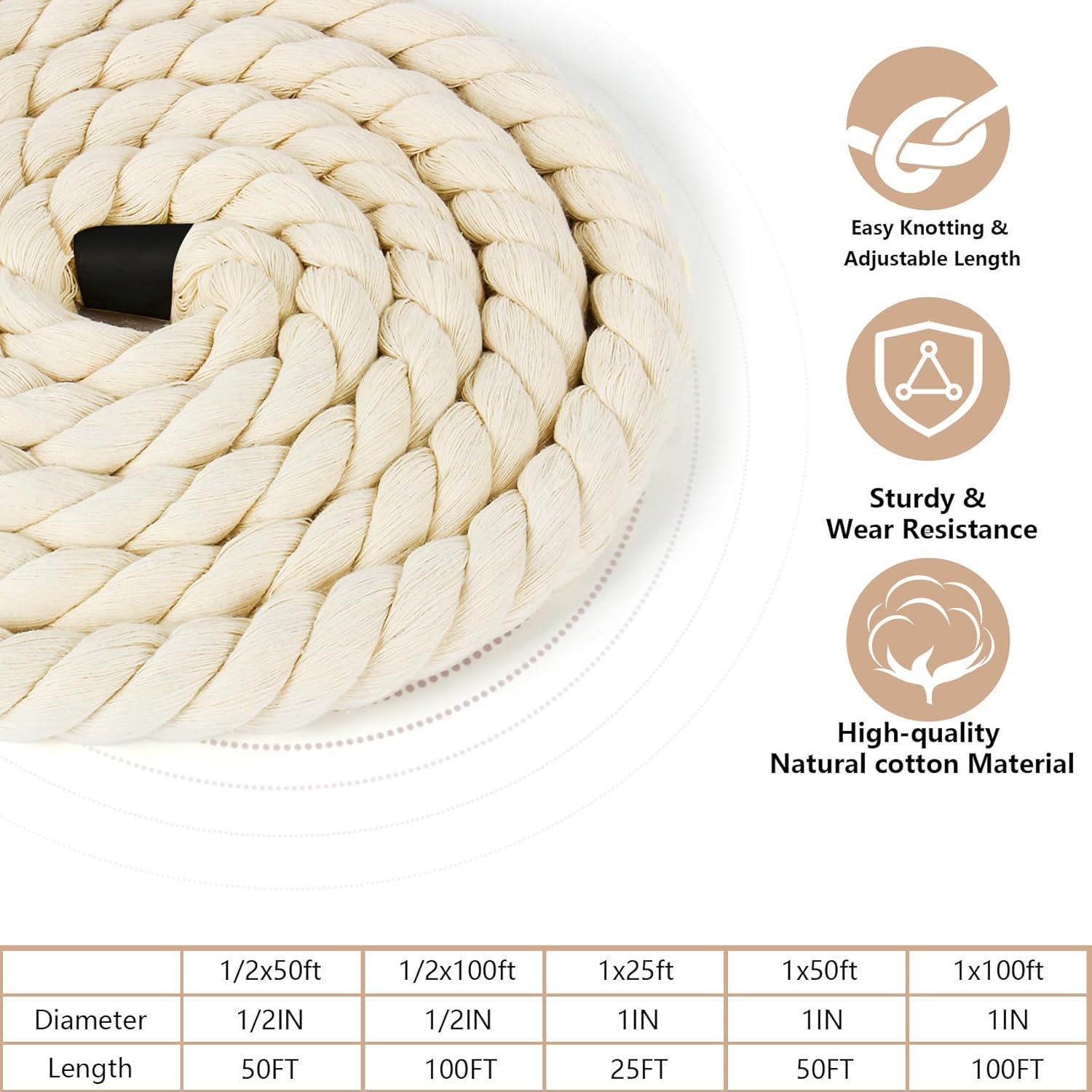 White Natural Cotton Rope, Twisted 3 Strand Cotton Rope 1 inch 50 ft for Crafts, Wall Hangings, Plant Hangers, Knotting