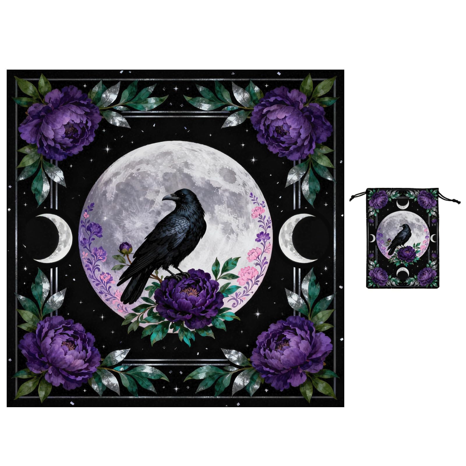 GLOBLELAND Crow Moon Tarot Cloth with Tarot Card Storage Bag Purple Flower Square Velvet Tarots Tablecloth for Divination Wiccan Witchcraft Supplies Tool