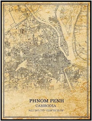 TANOKCRS Phnom Penh Camboya - Póster de pared vintage con impresión de mapas, obras de arte, regalo de recuerdo de viaje, decoración del hogar, 9 x