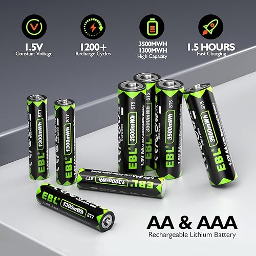 Miniatura 2 de EBL Paquete de 8 baterías recargables AAA de litio de 1200 mAh y litio AA de 0.5 V 3500 mWh, paquete de 4 y AAA de 1300 mWh, paquete de 4 con