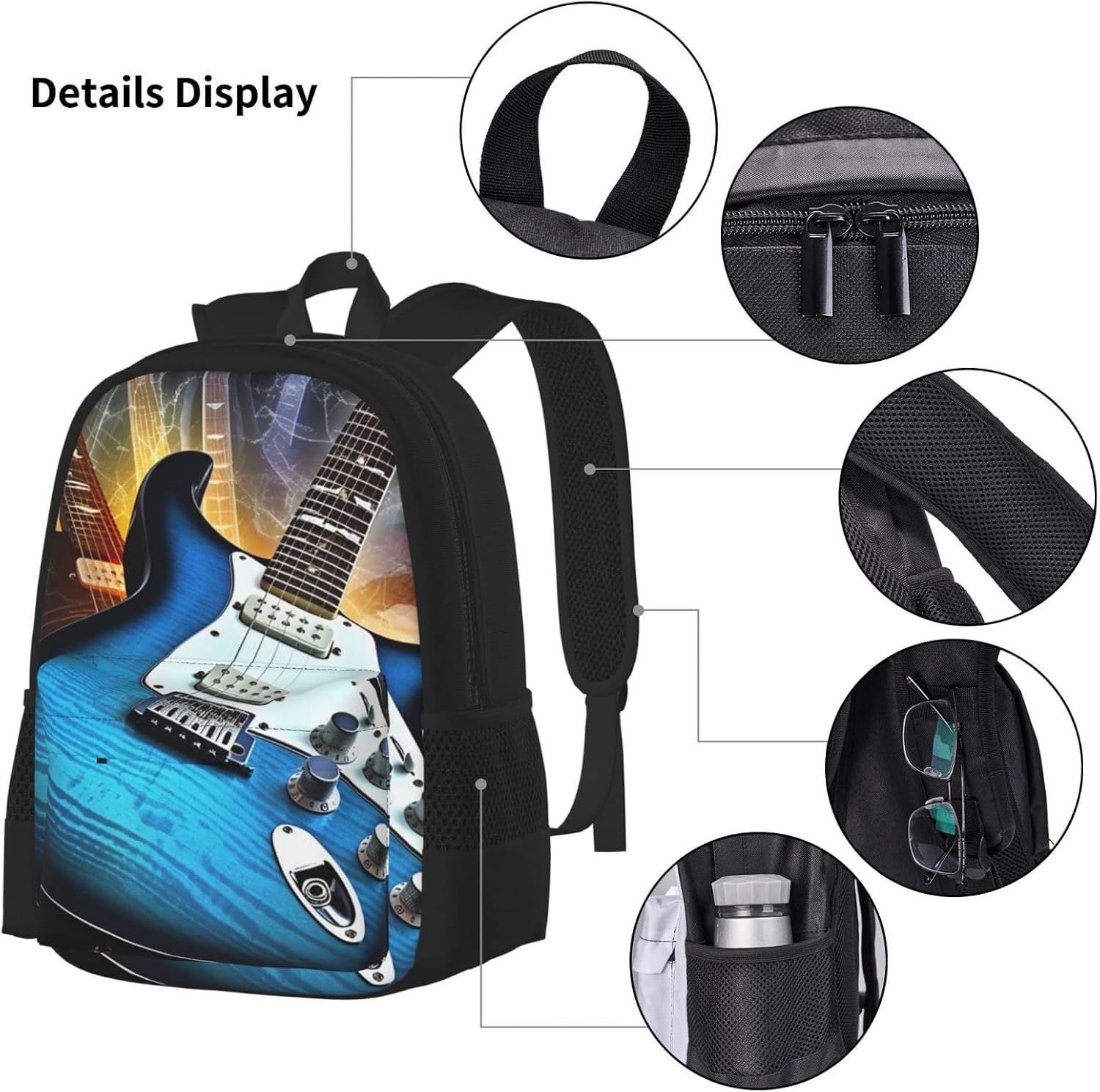 3PCS Magic Electric Guitar Music Backpack Sets with Insulated Lunch Bag Pencil Case, 17inch Lightweight Laptop Backpack Shoulder Lunch Box and Pencil Bag for Women Men Travel Bags image 4