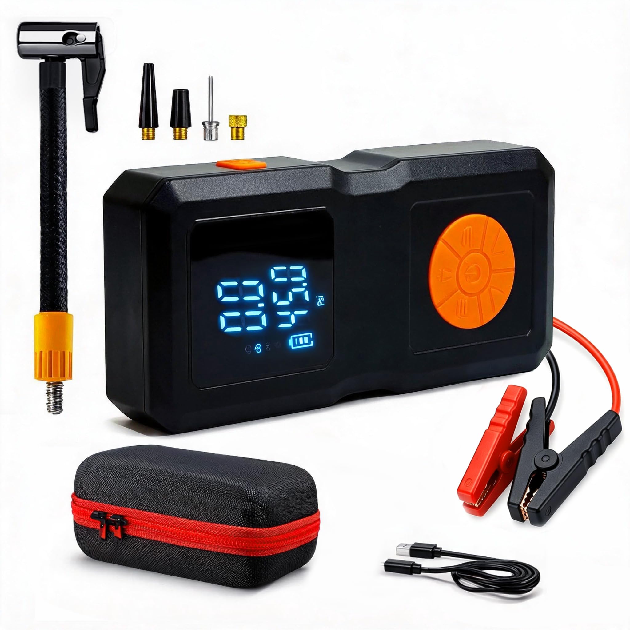 Arrancador de coche 4 en 1 con compresor de aire de 150 PSI, amplificador de batería portátil, inflador de neumáticos diésel de gasolina/12L con pantalla digital, luz LED SOS y banco de energía para