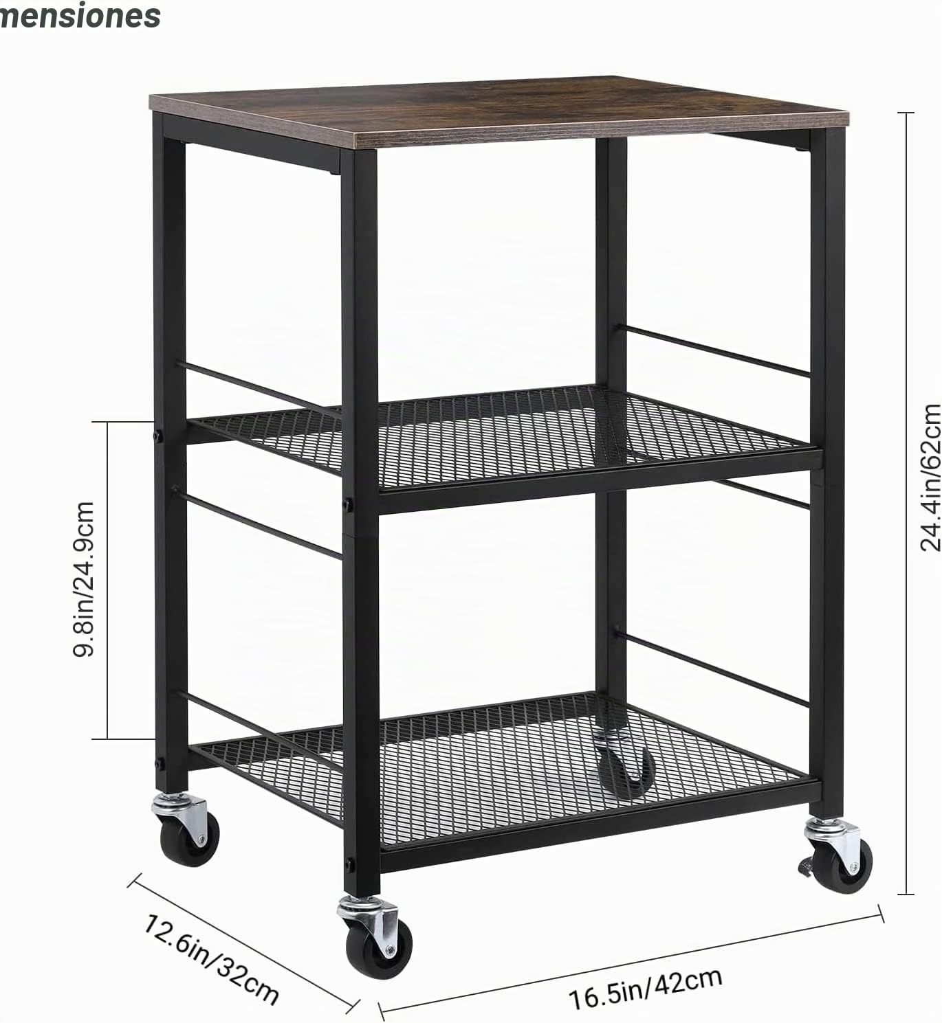 LIANTRAL Estantería de Cocina con Ruedas, Carrito de Servicio de 3 Niveles, Carrito de Cocina, Estantería para Microondas, Horno, Tostadora, Marcos metálicos y Tablas de Madera, Negro