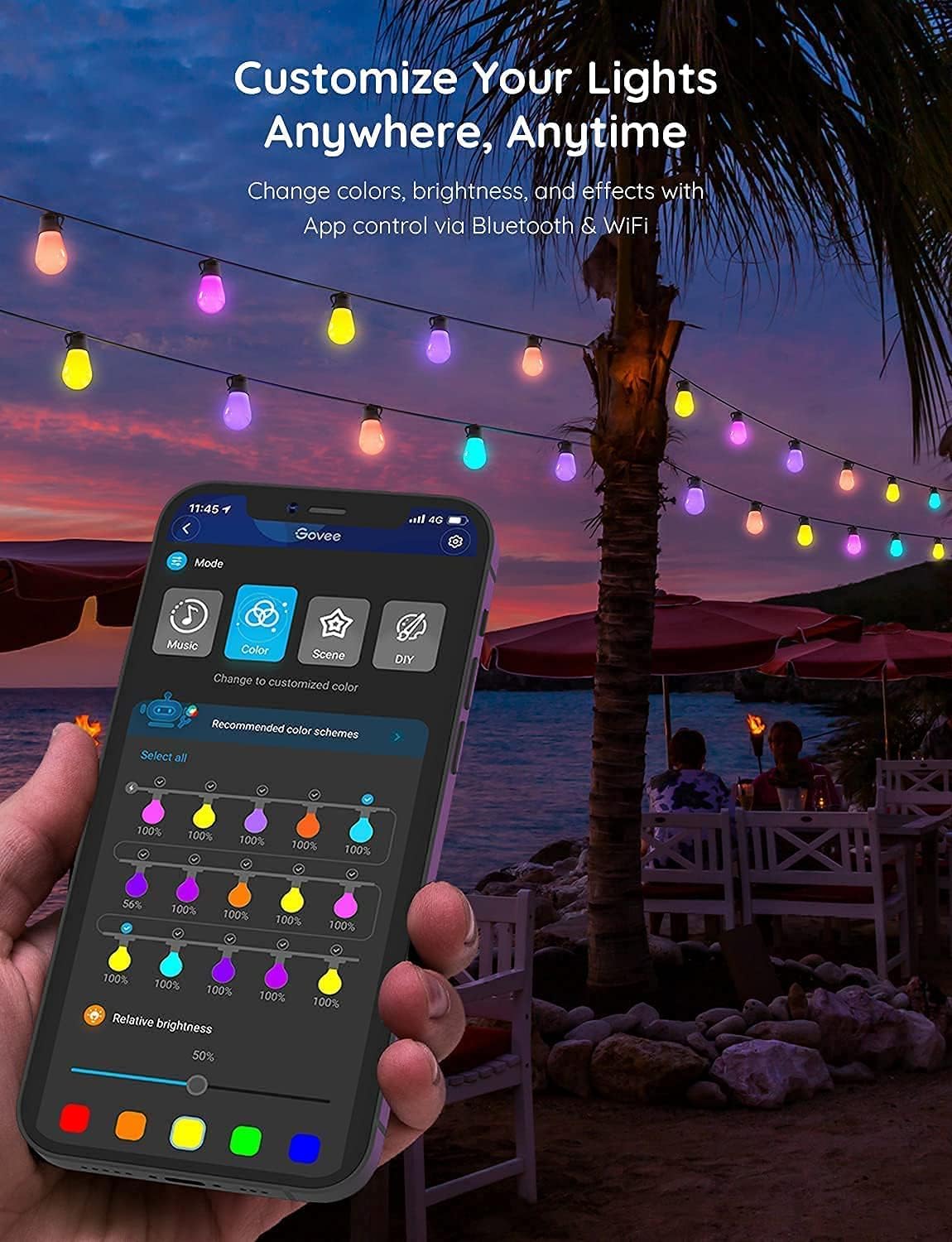Govee Smart Outdoor String Lights, RGBIC Warm White 48ft LED Bulbs, WiFi Patio Lights Work with Alexa, APP Control, IP65 Waterproof, Dimmable for Balcony, Backyard