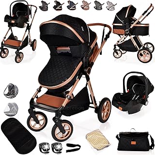 Baby Pram Pushchair Buggy with Car Seat Lightweight Stroller Folding Strollers 3 in1 Travel System Baby Trolley Pram for Newborns Toddlers from Birth (Black - Rose Gold Frame)