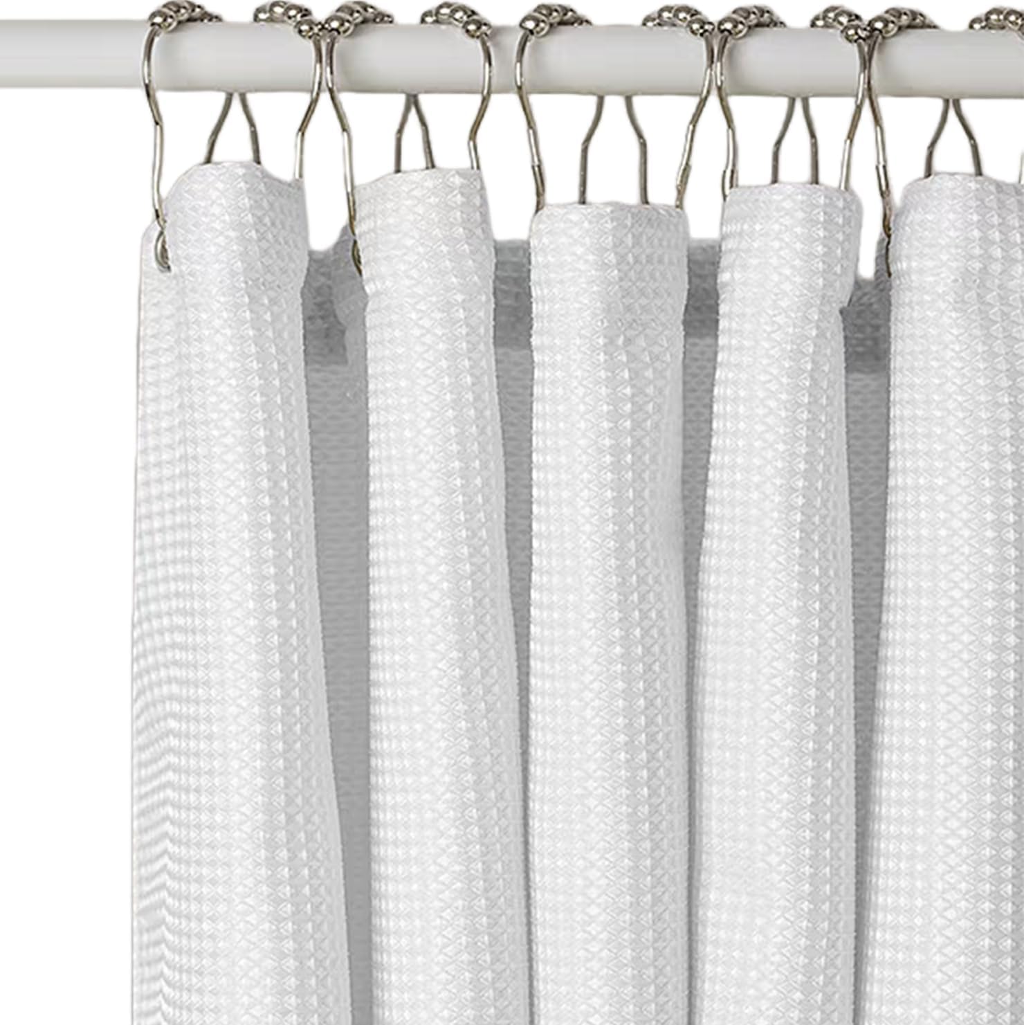 Linerless Waterproof Waffle Weave Fabric Shower Curtain - TPU Laminated Bathroom Curtain with 12 Rustproof Metal Hooks, 100% Water-Resistant & No Liner Needed, Machine Washable, 72x72 inches(White)