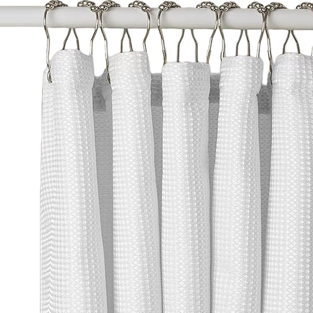Linerless Waterproof Waffle Weave Fabric Shower Curtain - TPU Laminated Bathroom Curtain with 12 Rustproof Metal Hooks, 100% Water-Resistant & No Liner Needed, Machine Washable, 72x72 inches(White)