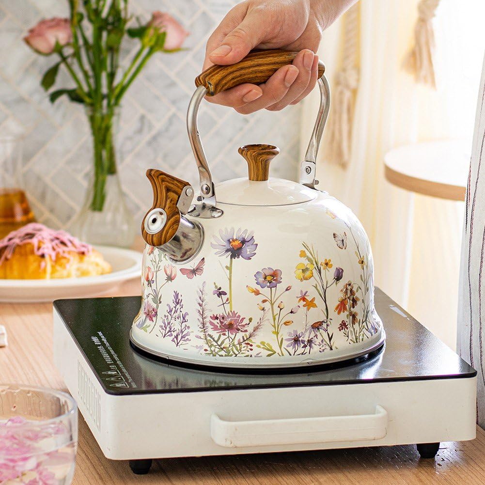 Bouilloire Sifflante 3l À Motif Floral avec Poignée Anti-brûlure, Style Vintage, Compatible avec Les Plaques De Cuisson À Gaz À Induction.
