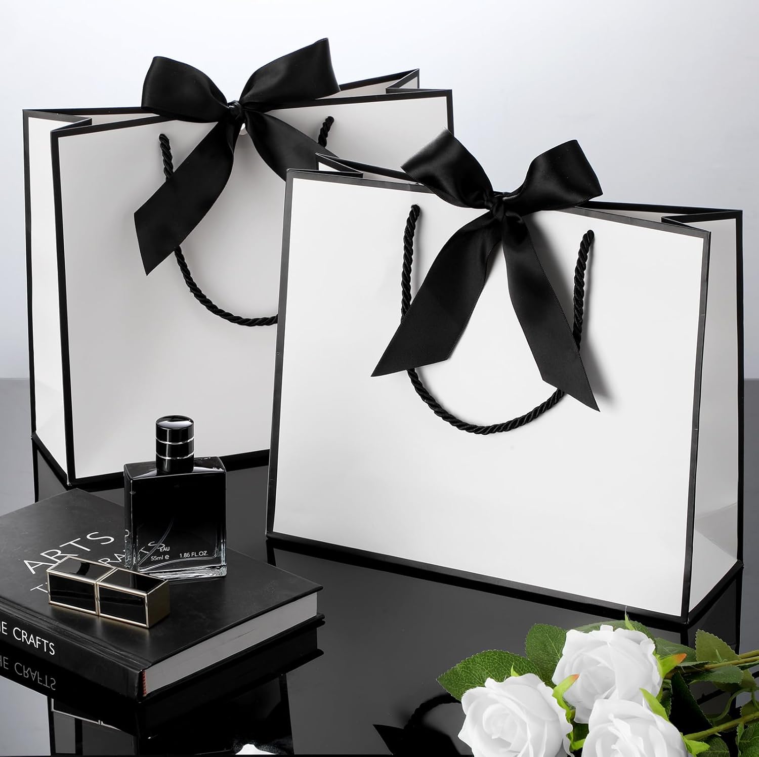 Silkfly Thank You Gift Bags with Handle 12x10x4'' Welcome Return Gifts Bag with Bow Ribbon for Wedding Bridesmaid Baby Shower Birthday Housewarming Employee Appreciation Day(White, Black,12 Pcs) - Image 4