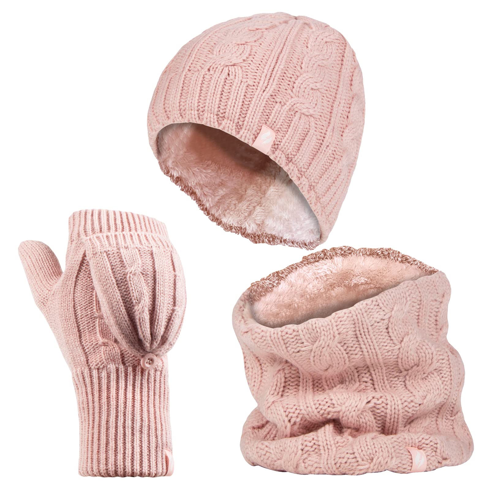 HEAT HOLDERS - Dames Thermische Winter Fleece Kabel Gebreide Hoed, Nek Warmer, S/M Handschoenen en Twist Sokken Set