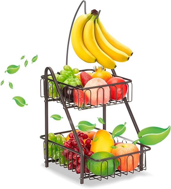 Mutool 2 Tier Fruit Racks with Banana Hanger Desktop Fruit Bowls Metal Fruit Basket Storage Rack Keeps Fruits and Vegs Fresh (Bronze)