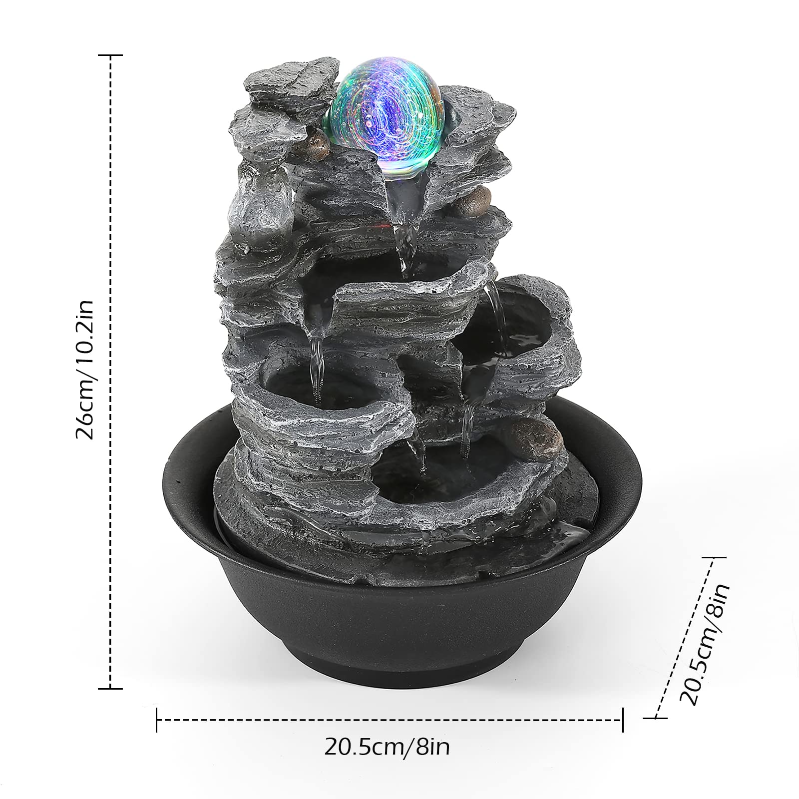 Dyna-Living Fontaine d'intérieur avec boule roulante - Fontaine en polyrésine - Éclairage LED - Multicolore - Plateau de table - Fontaine d'eau pour jardin de rocaille