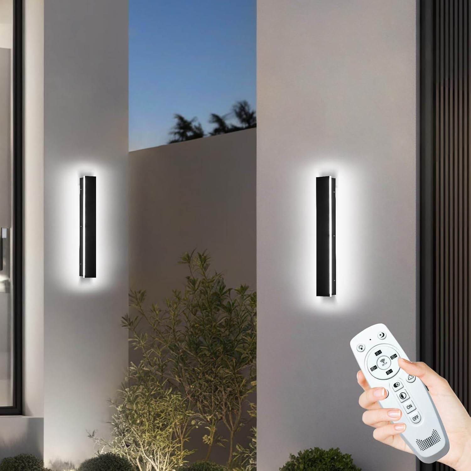 2 Pack 24" Modern Outdoor Wall Lights, 2700k-6500k Dimmable Long Wall Mounted Light LED Black Porch Light Linear Outdoor Wall Sconce IP65 Waterproof Slender Exterior Lights for House Garage