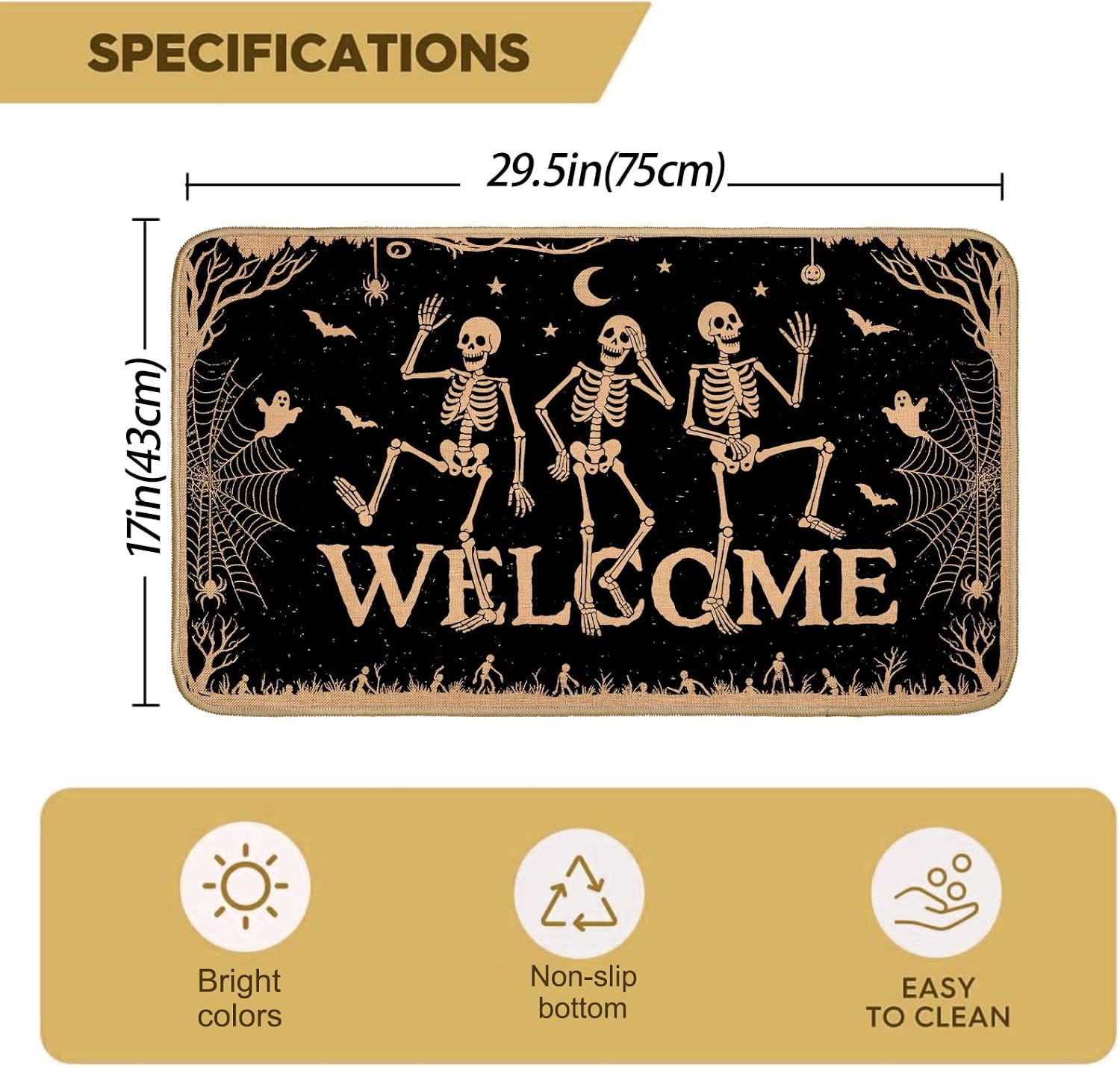 Dancing Skeleton Outdoor Door Mat, Halloween Linen Welcome Rug 17x29.5 Inch, Funny Skull Entryway Doormat, Goth Spooky Indoor Decor Mats for Porch Patio Yard Doormats Horror Gifts