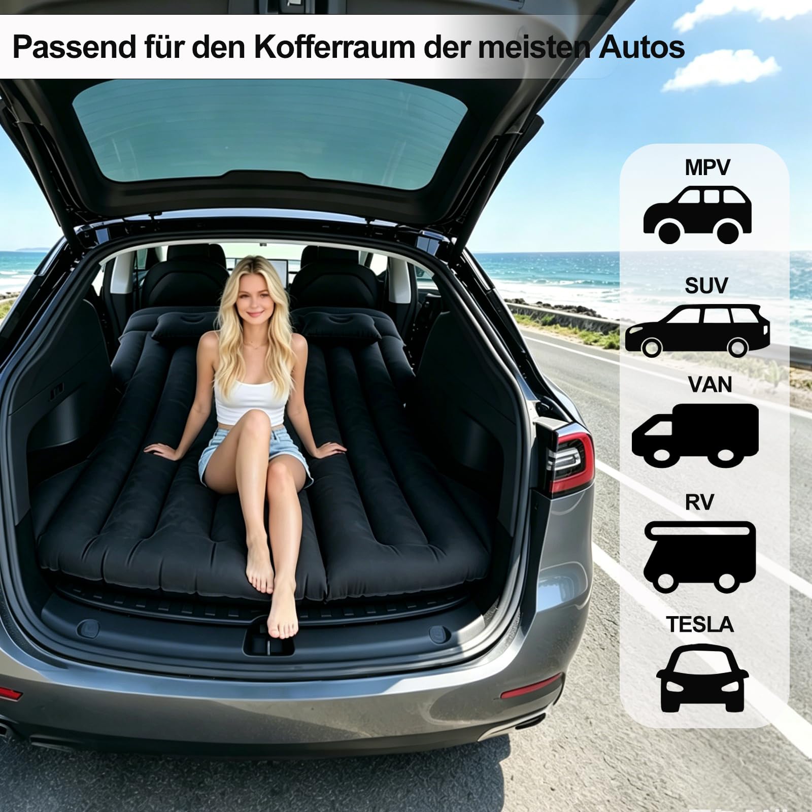 Auto Matratze Geeignet für Tesla Model Y für Camping Reisen | 190 Cm X 130 Cm, Mit Aufblaspumpe und 2 Kissen, 300KG Hohe Tragfähigkeit, 4 separate Luftkammern, Robustem PVC-Material