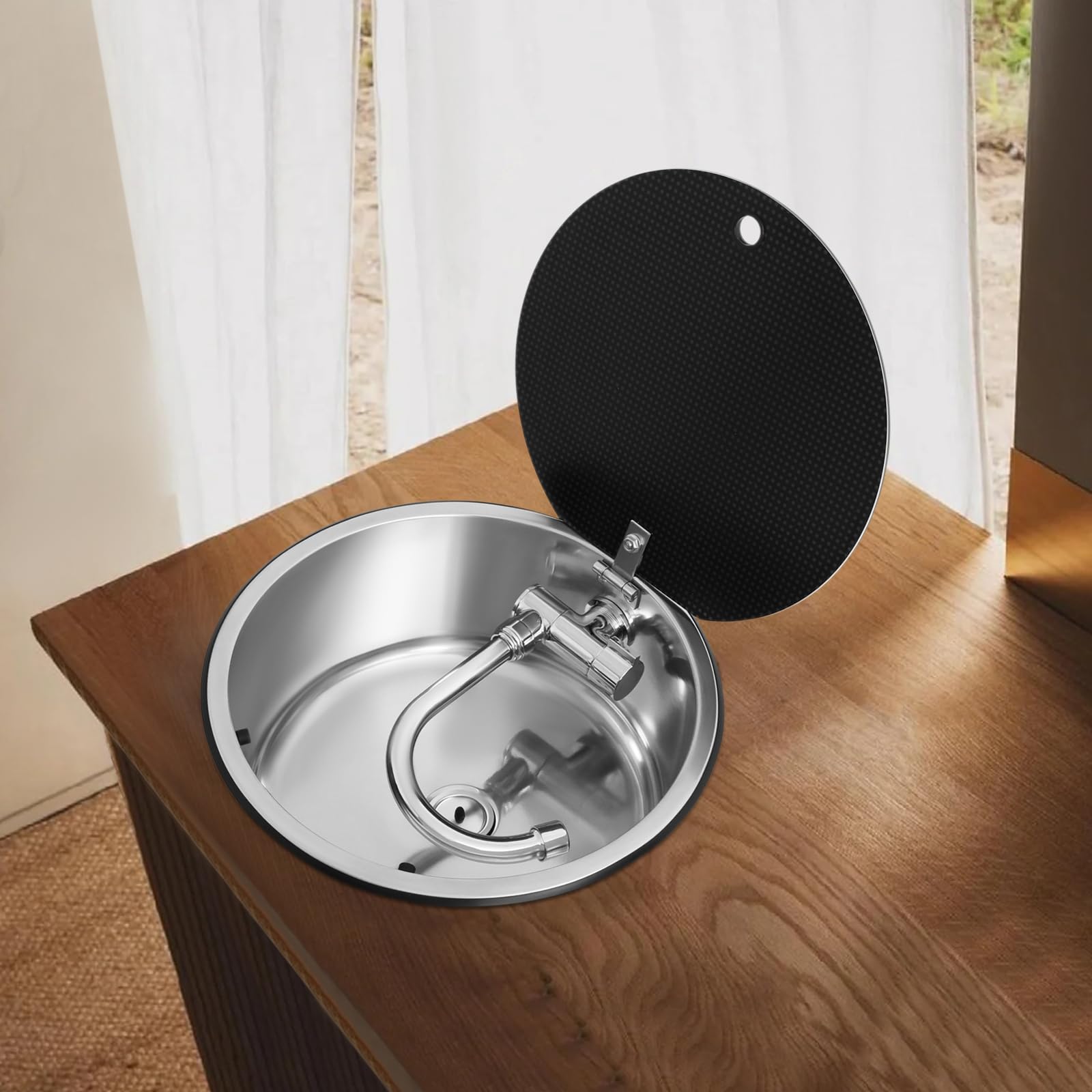 RV Camping Spüle Bausatz 34x34x15cm, Einzelne Schüssel Waschbecken mit Deckel, Rundes Waschbecken für kompatibel mit RV Wohnwagen Camper, Küche EdelstahlSpüle mit klappbarer Hahn, Camping Spülbecken