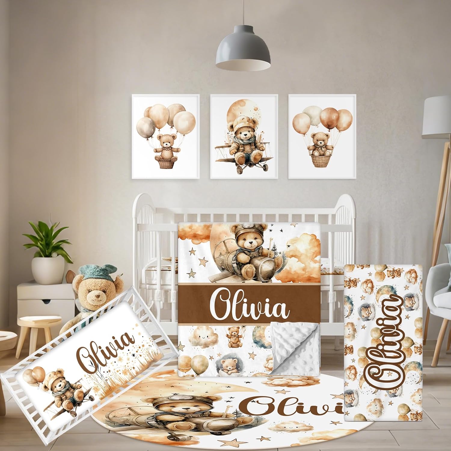 Personalized Toddler Bedding Set, 5 Pcs Custom Name Crib Bedding Set for Boys Girls, Balloon Bear Baby Crib Bedding Set, Double Layer Flannel Baby Crib Set, Customized Gifts for Newborn Infant
