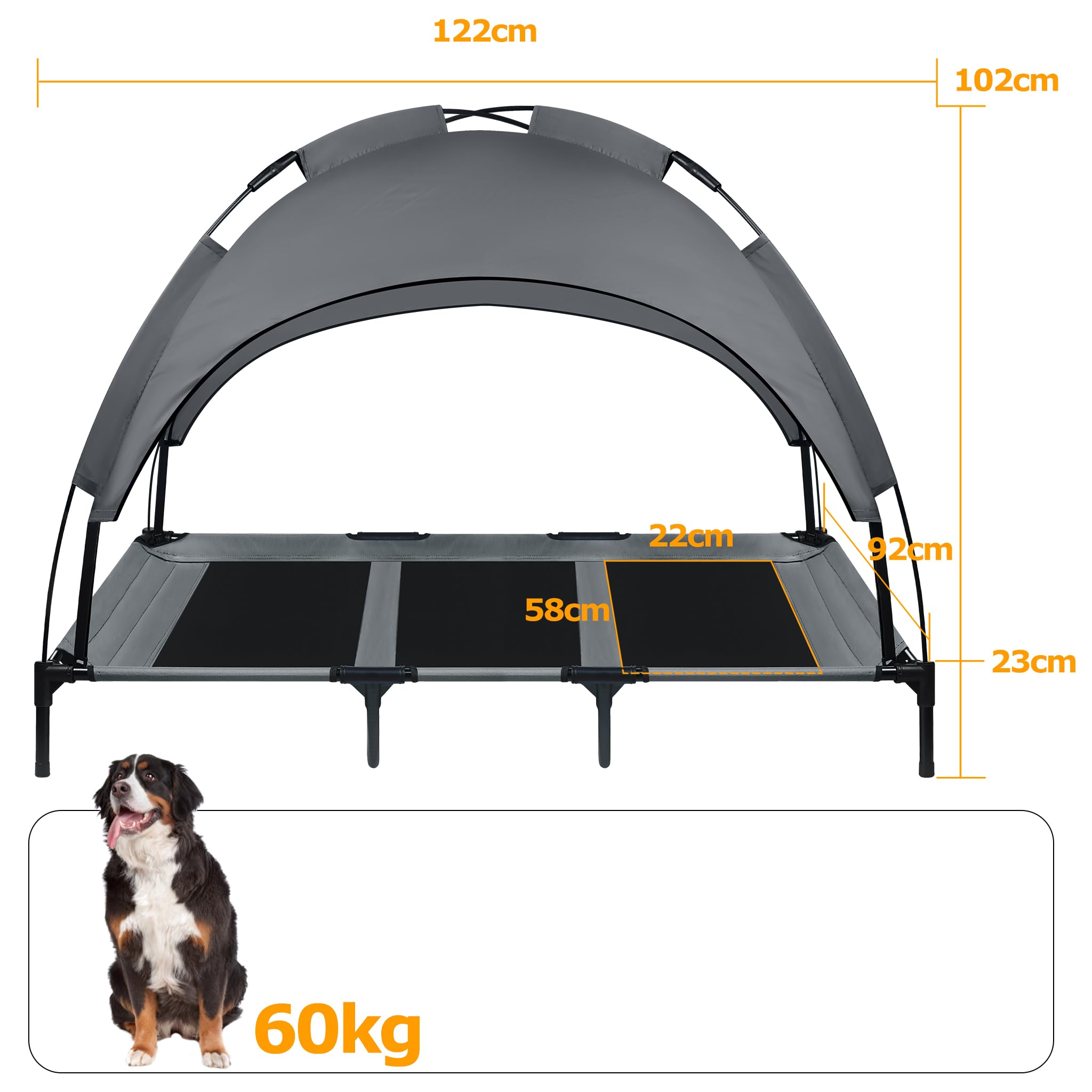 Froadp Lettino per cani per esterni, letto per animali domestici rialzato, con baldacchino, letto per cani e gatti, fino a 60 kg (XL – 122 x 92 x 102 cm)