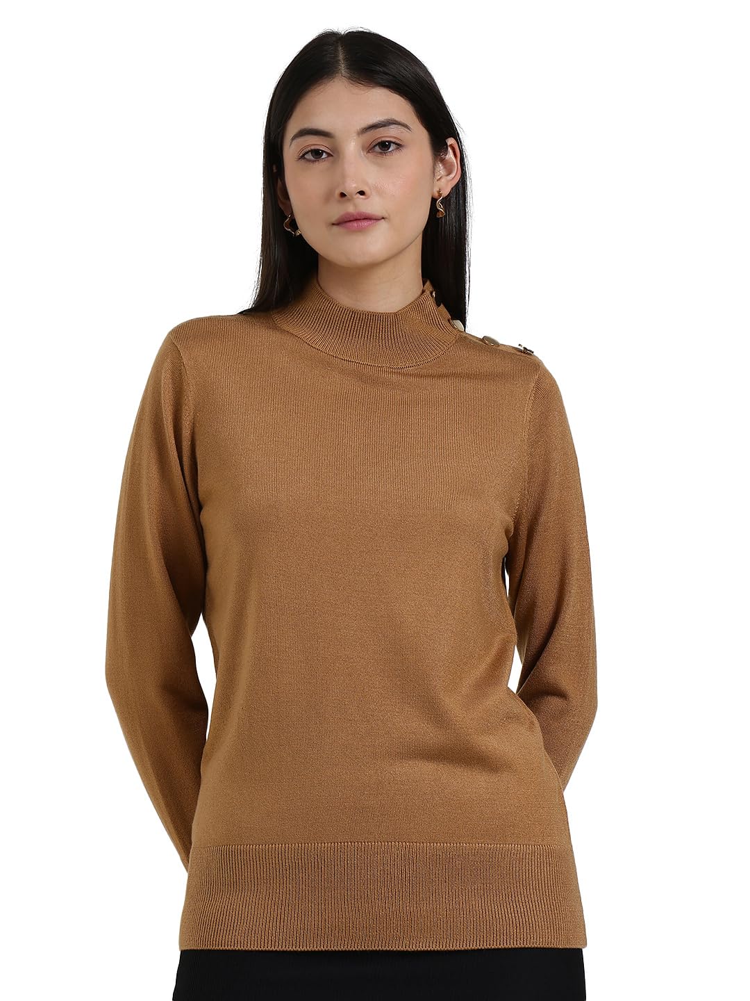 Women Pullover Sweater | High Neck Solid Design with Gold Button Detail | Soft Acrylic Fabric for Autumn & Winter Wear