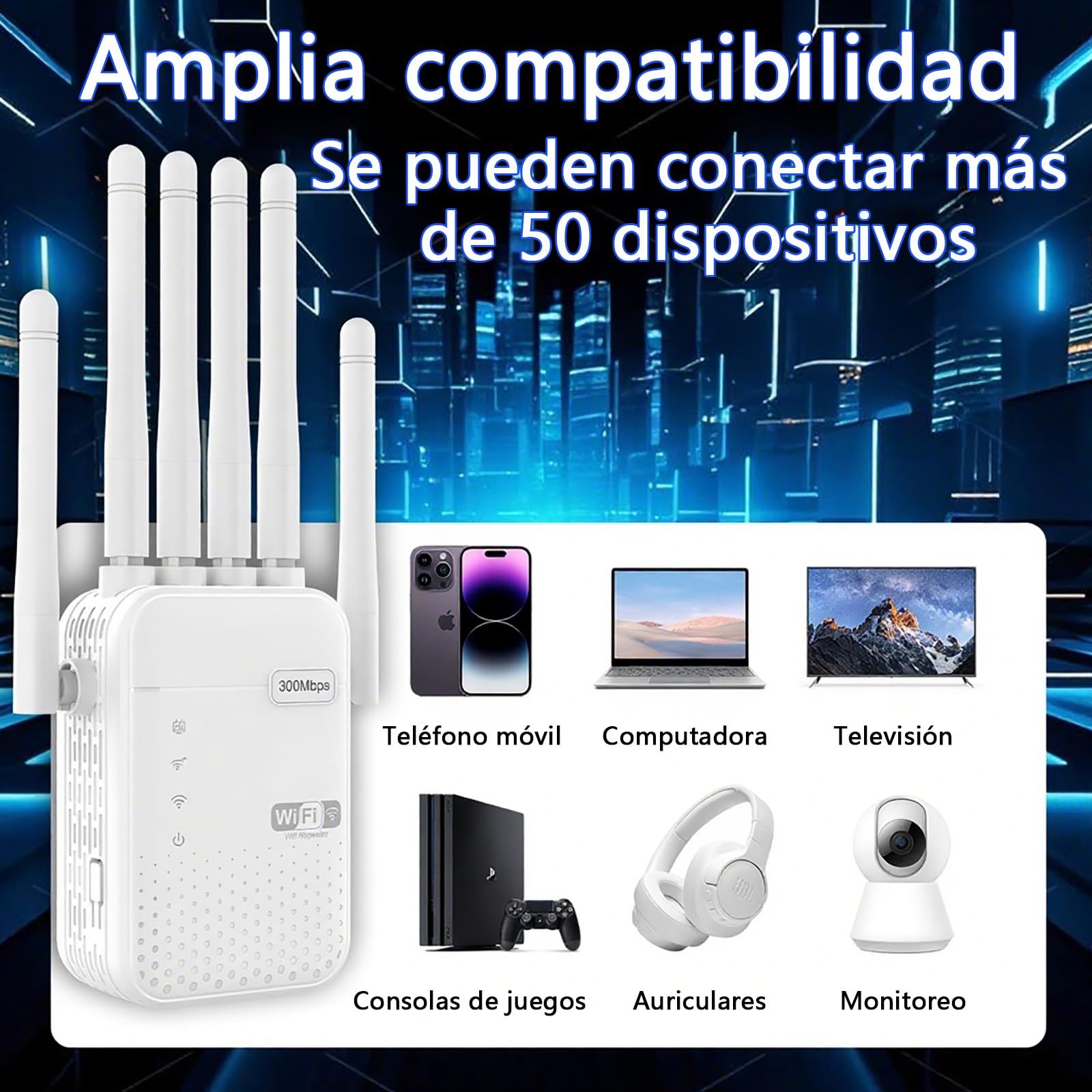 Repetidor WiFi Largo Alcance, Amplificador Señal WiFi, Señal Cobertura hasta 1200 m² para 50 Dispositivos, Extensor de WiFi con 6 Antenas, 2 Puertos Ethernet, Compatible con Todos los Routers — view 5