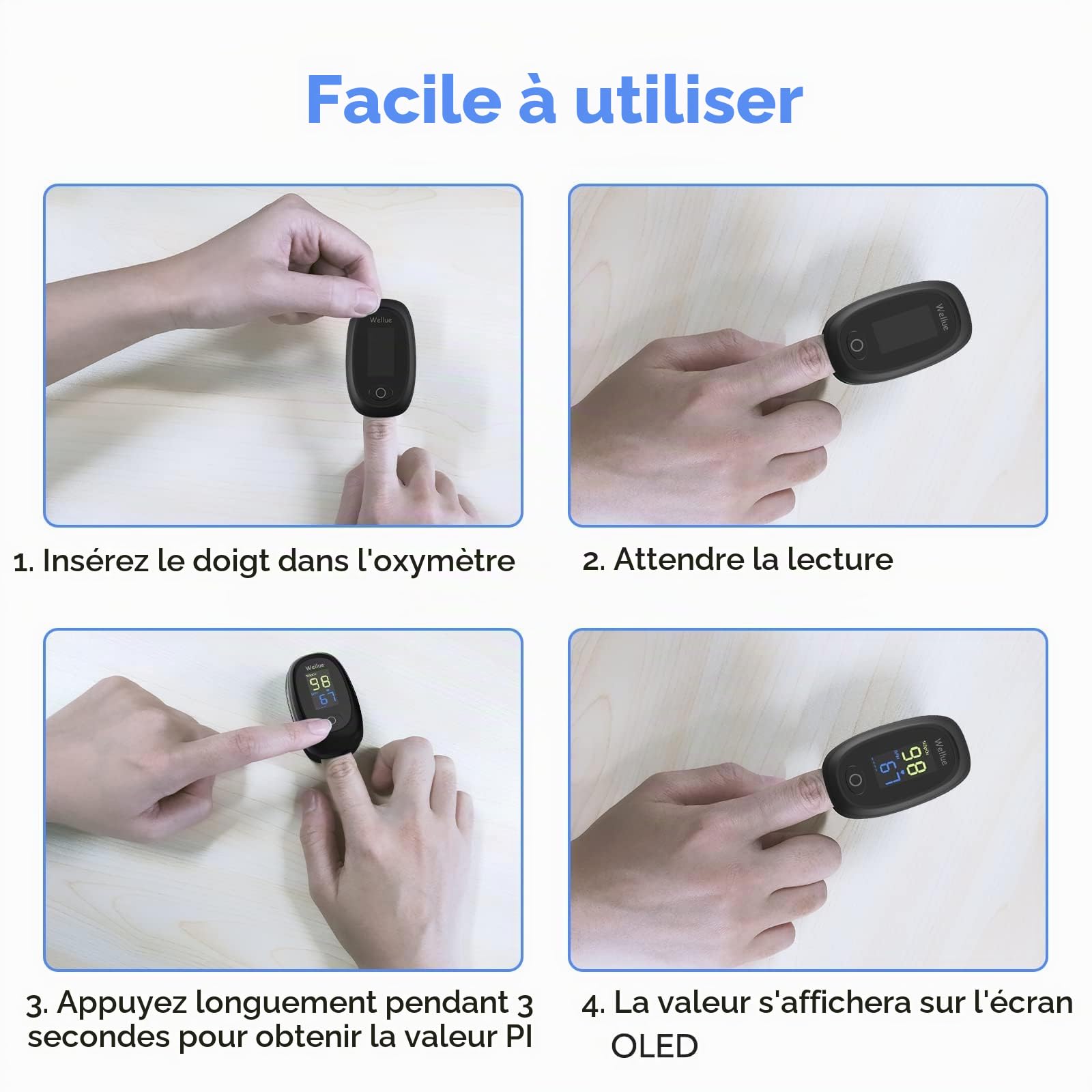 Oxymètre de Pouls, Oxymètre de Doigt, Pulsoximetre, Mesureur de saturation en Oxygène au doigt, Saturomètre Portable avec Moniteur de Fréquence Cardiaque pour Mesurer SpO2, PR, Piles Inclus Noir