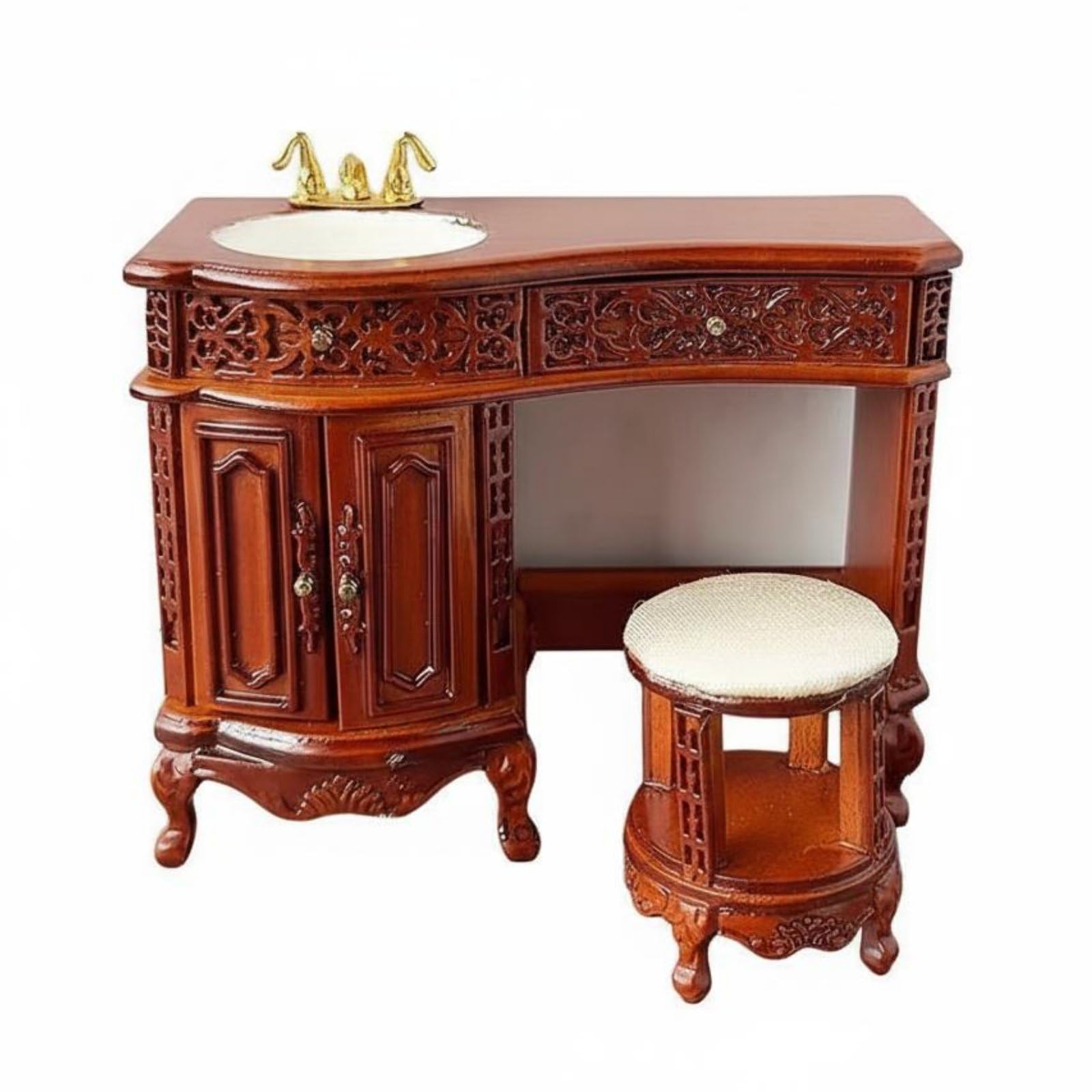 Toeletta in Miniatura per Casa Delle Bambole Toeletta Sgabello Mobile Lavabo Specchiera Legno Lucidato con Rubinetto Finiture Europee Cassetto