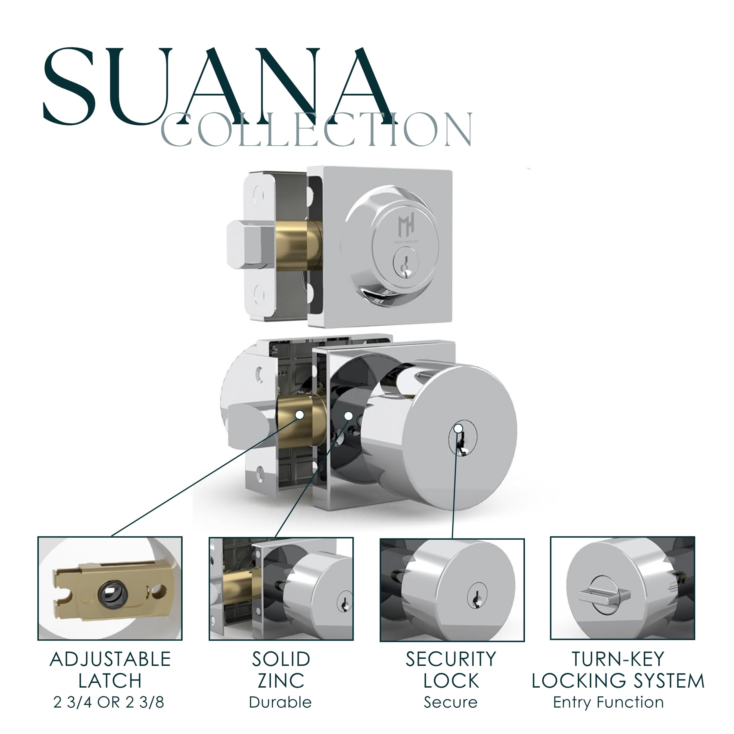 Mega Handles - SUANA Entry Combo I - Pomo de puerta de entrada y cerradura de un solo cilindro y llave - Pomo de puerta de bloqueo resistente para puertas zurdas o diestras - Cromo pulido