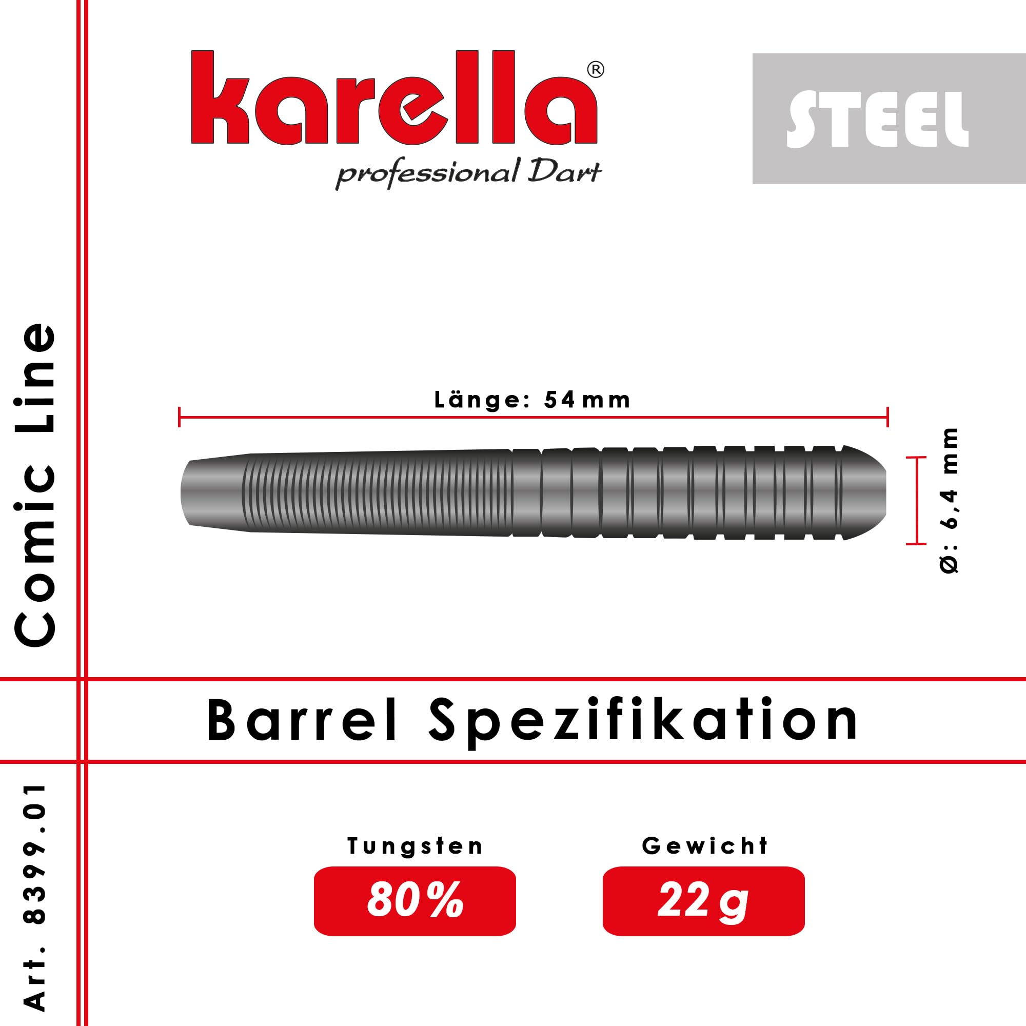 Karella Darts Comic-Line 80% tungsteno, freccette professionali in acciaio, 5 modelli, 21 – 24 g, fusti in policarbonato indeformabili, alette da 100 mic. Freccette con fusti di ricambio e scatola in