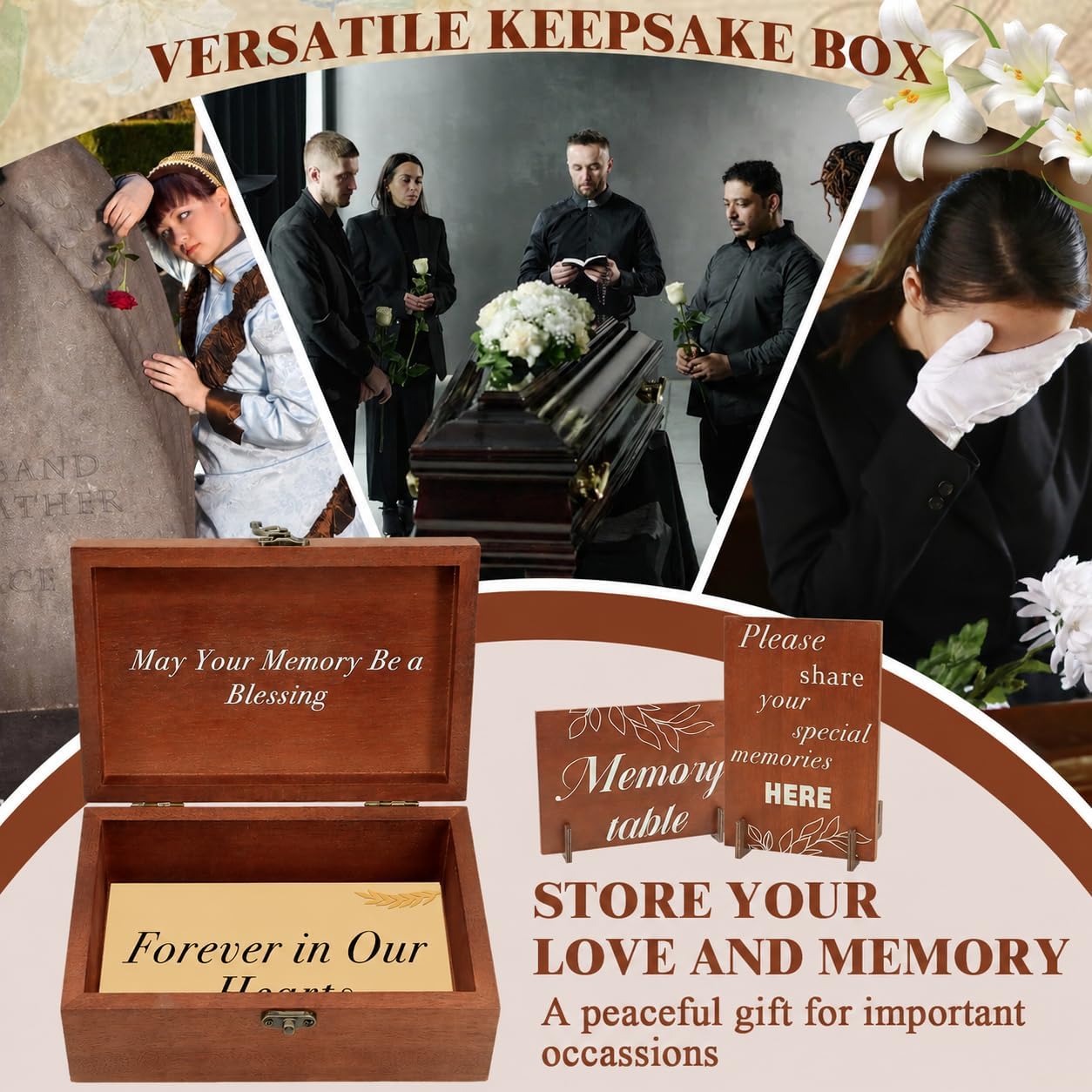 ZYNERY Wooden Memory Keepsake Box for Funeral,115pcs Celebration of Life Memory Cards Set Memorial A Legacy of Love Storage Box Decorative Gift for Burial Anniversary（Forget-me-not）