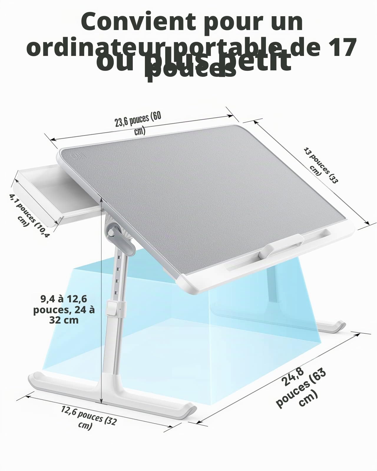 SAIJI Table de Lit Pliante Réglable en Cuir PVC avec Tiroir de Rangement et Déflecteur Silicone Amovible Gris