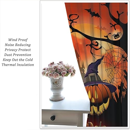 Miniatura 5 de Cortinas opacas de noche de Halloween de dibujos animados para dormitorio, divertidas cortinas de tela de araña de calabaza, murciélagos, cortinas