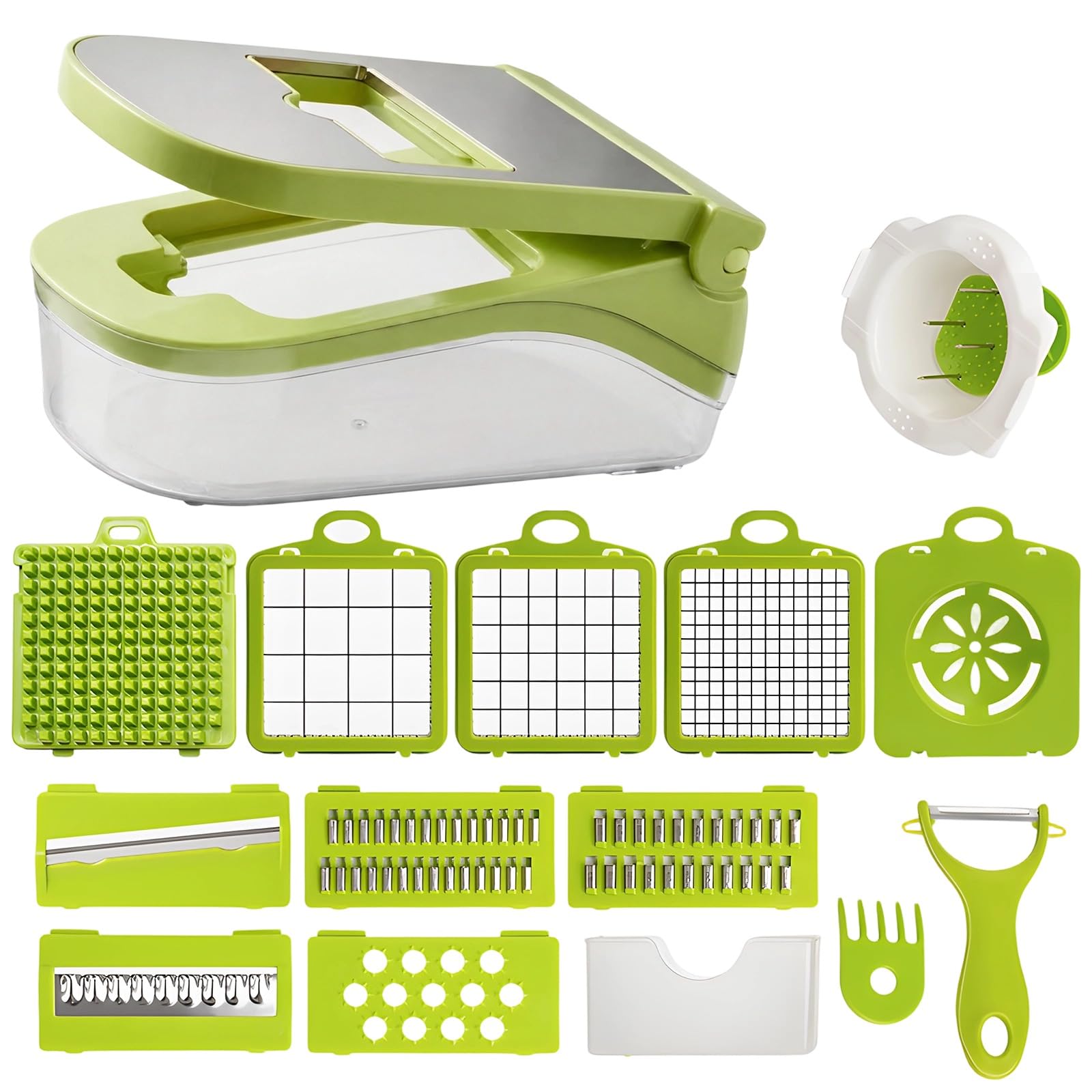Gemüsezerkleinerer 17-in-1, Food Chopper mit Behälter und Eiertrenner, Obst- und Gemüseschneider, 9 Wechselklingen zum Würfeln, Schneiden und Reiben von Zwiebeln, Kartoffeln, Karotten und Gurken