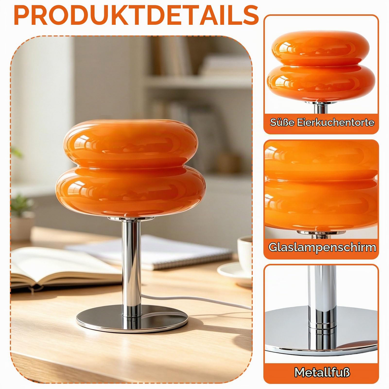 Pilzlampe Tischlampe, 16x29cm/6,3x11,4 Zoll Glas Sanftes Licht Eierkuchen Tischlampe Energieeffizient Niedliche USB Tischleuchte LED Kleine Lampe für Schlafzimmer Wohnzimmer Studentenwohnheim Büro