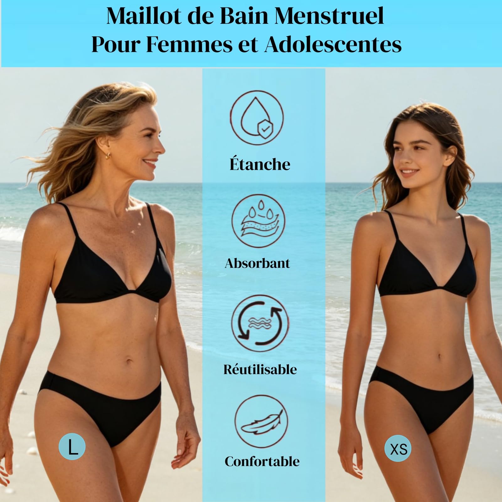 Bas de Maillot de Bain Menstruel Femme et Adolescente, Absorbant Antifuite Anti-Infiltration, Maillot Menstruel Confort Discret RéUtilisable, Flux Moyen pour Piscine et Plage