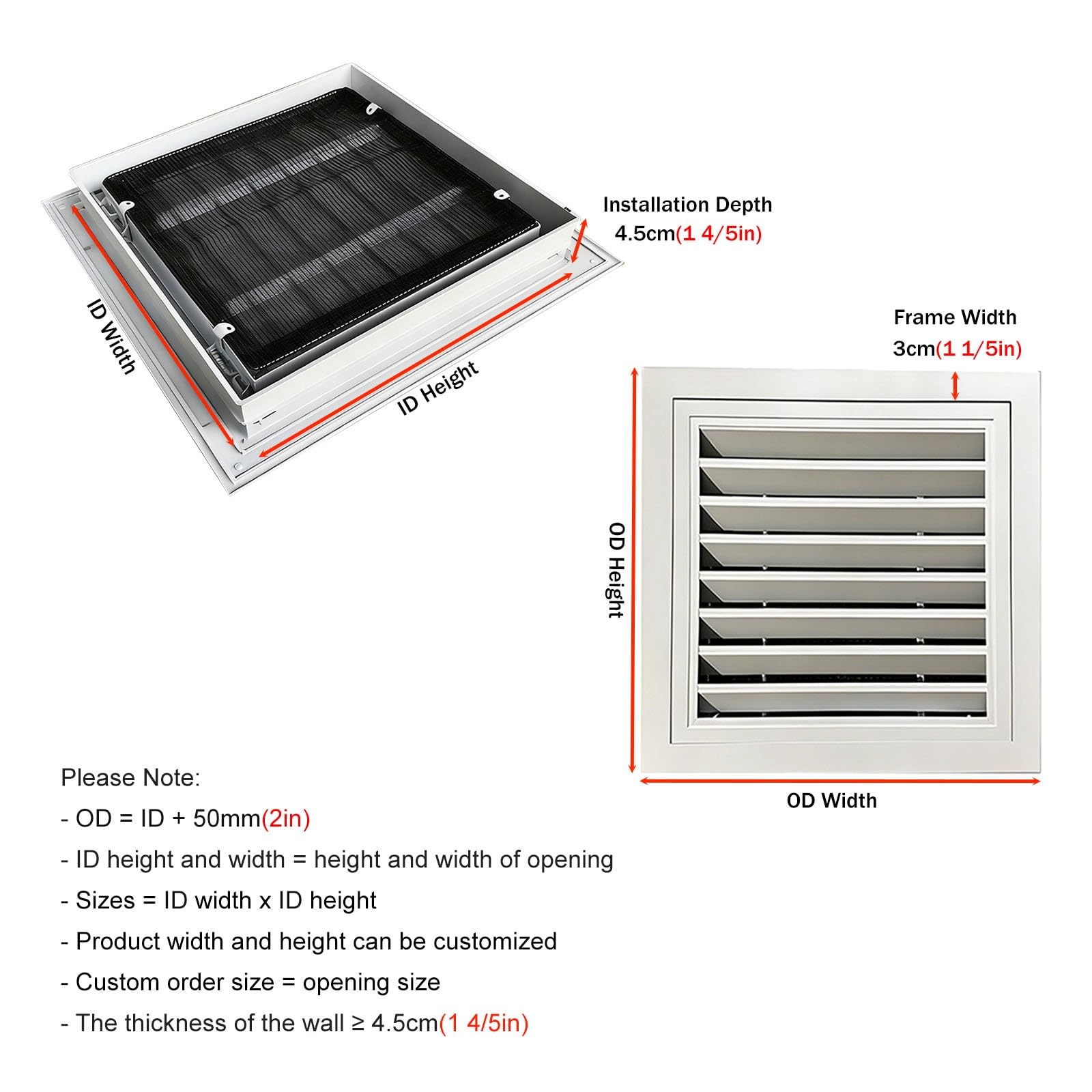 Rejilla de ventilación cuadrada de 12/14/16/18/24/25 pulgadas, panel de acceso de plástico prensado duradero para pared/techo, ideal para fontanería, válvula eléctrica, aire acondicionado (43 x 43 cm)