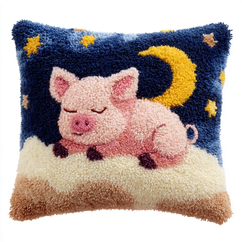 Taxpy Latch Hook Kits, Animals, Pigs, and the Moon Pillow DIY Rug Crochet Hook Cushion Making Kits with Preprinted Pattern Canvas DIY Handmade Sofa Cushion Kit 43x43cm