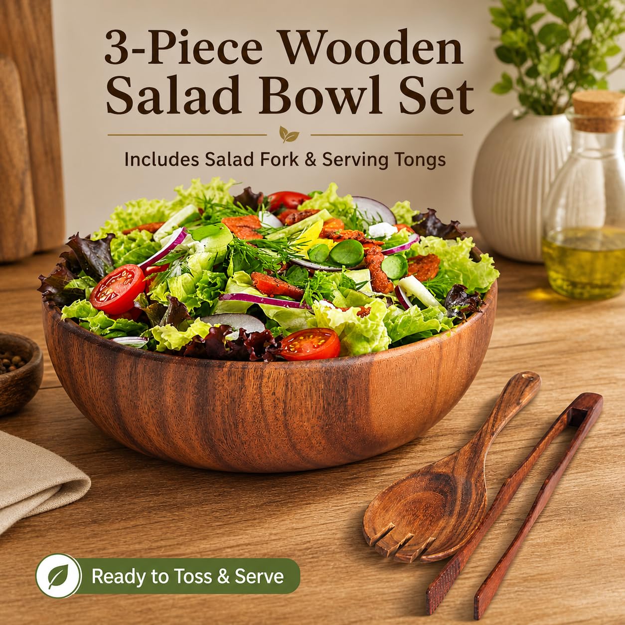 Saladier en bois, bol de service de cuisine
