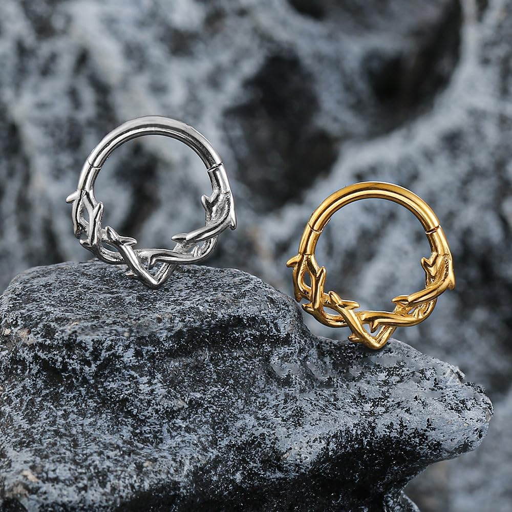 16G Vine Septum Rings 316L Surgical Steel Clicker Rings Gold Septum Jewelry Nose Helix Tragus Daith Conch Helix Cartilage Hinged Hoops Earrings Simple Body Piercing Jewelry 8mm - Image 4