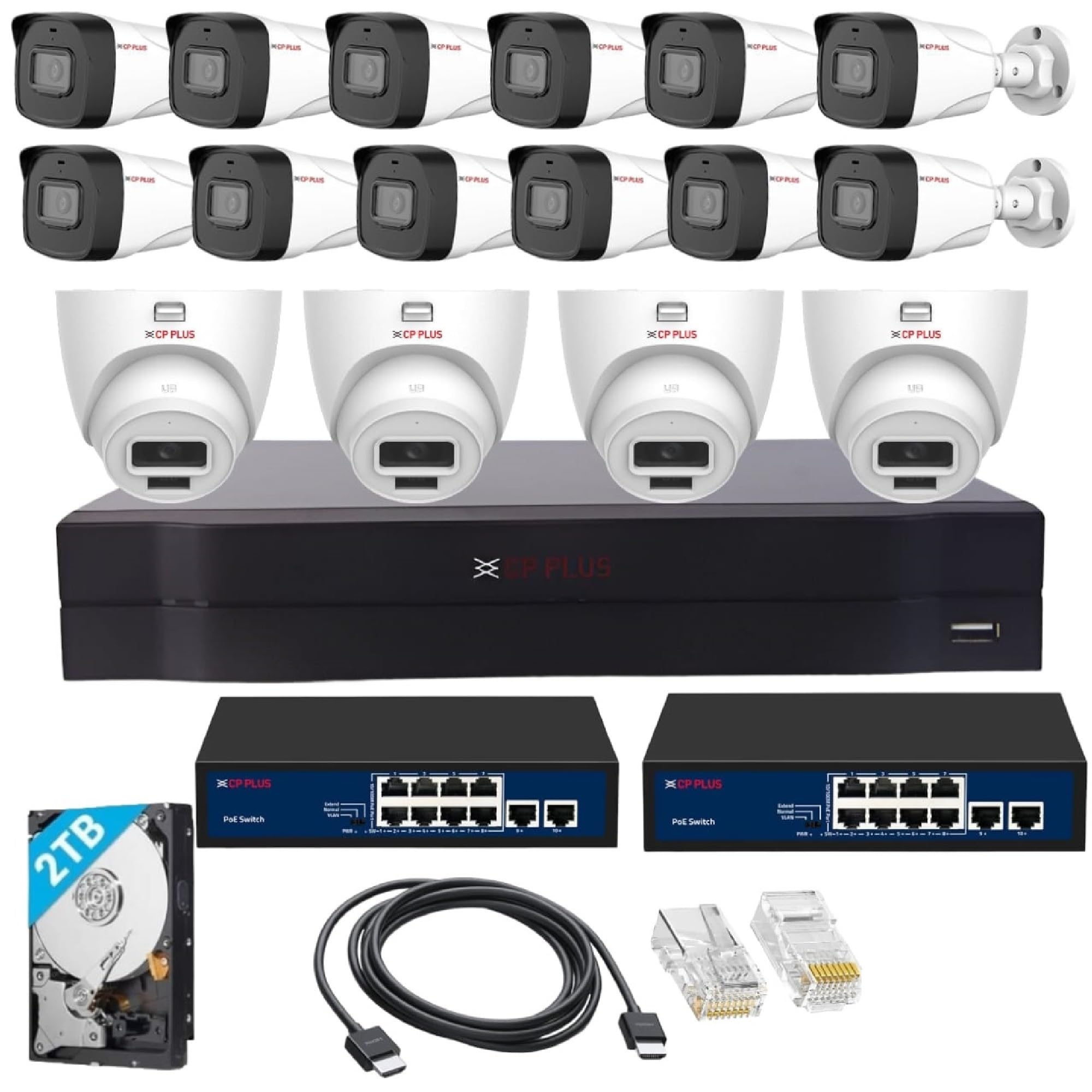 CP PLUS 16 channel FULL HD NVR with 12x OUTDOOR and 4x INDOOR 2 MP Built-in Audio Mic wired IP CCTV Cameras, Motion Detection, 2x 8 Port PoE, 2TB HDD, RJ45 Connector, [CAT6 Cable not included] - White-picture-12