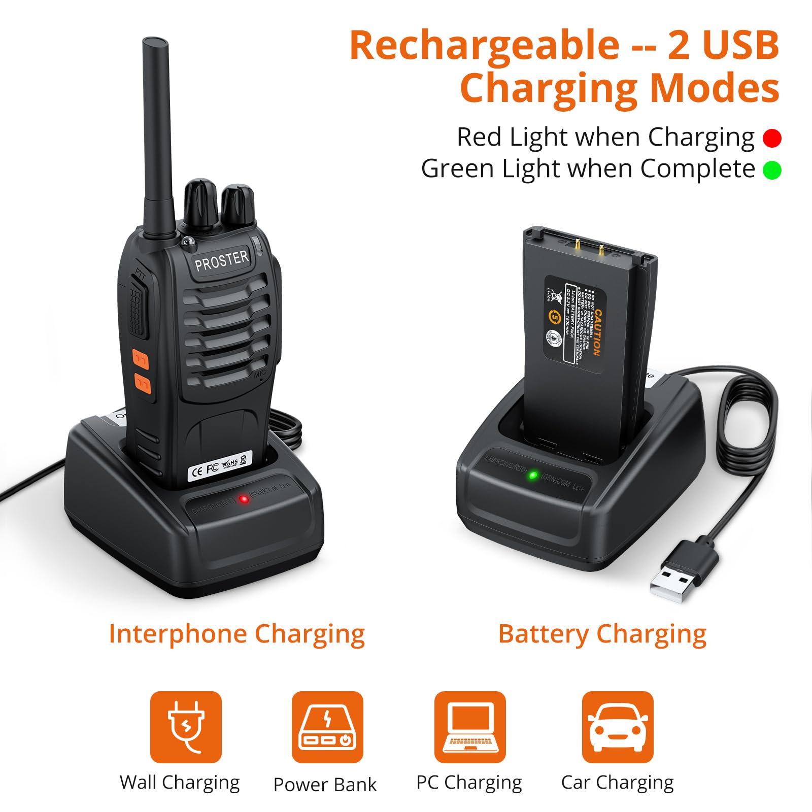 Proster Walkie Talkie 16 kanałów, ładowalne, Walky Talky, z ładowarką USB, słuchawki krótkofalówki z komunikatem głosowym, 1 para